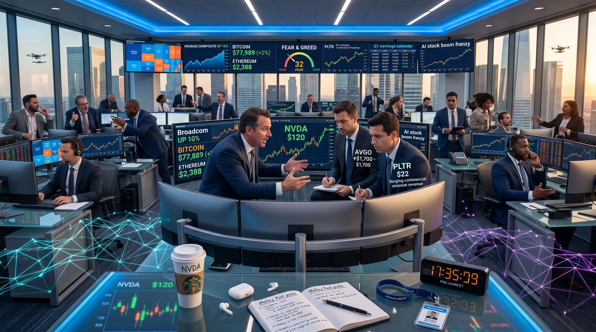 Traders analyze Nvidia, Broadcom, Palantir AI growth stock charts on multi-monitor setups amid Nasdaq tech rally and Bitcoin surge