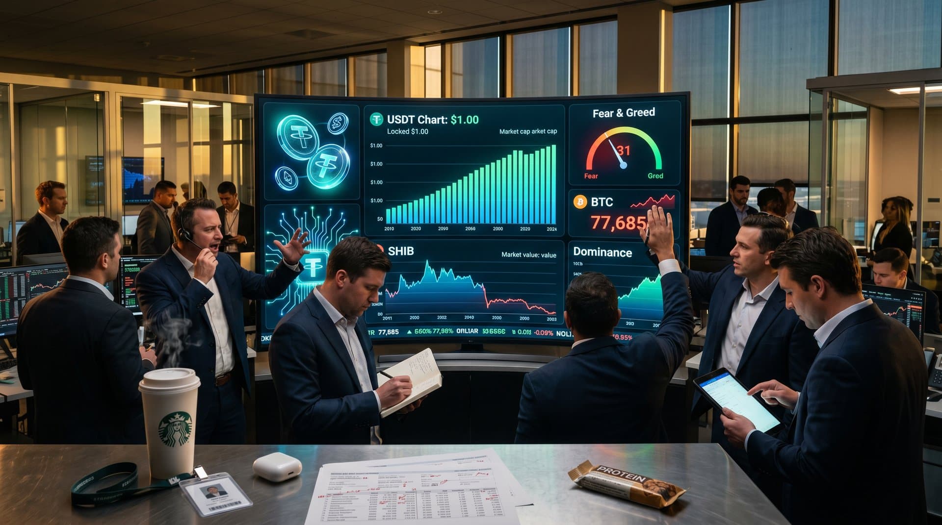 Digital charts of USDT stablecoin dominance over SHIB, Fear & Greed Index at 31, and BTC price on fintech dashboard