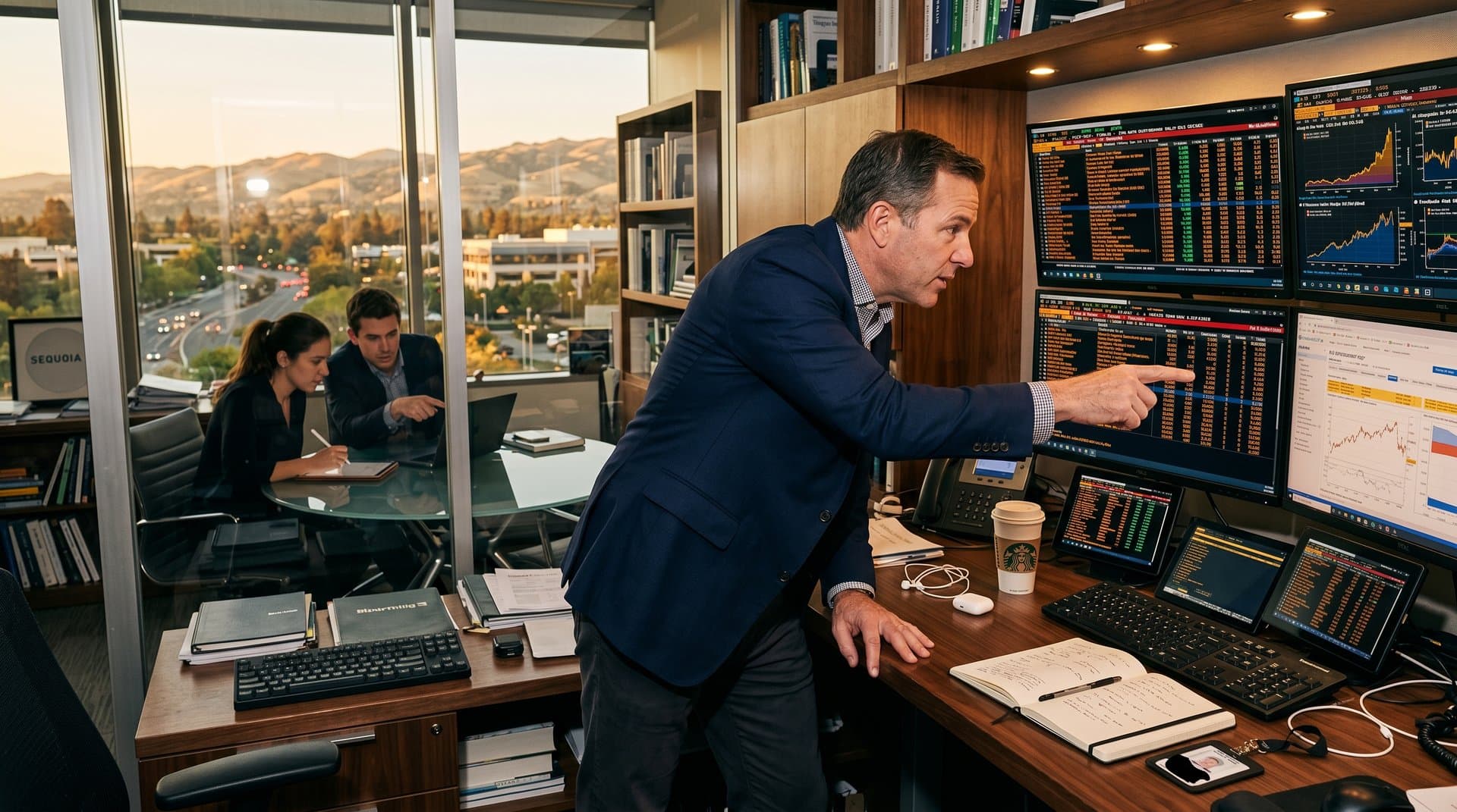 Venture firm desk with monitors showing 13F filings, Bloomberg data, and AI charts in Menlo Park office