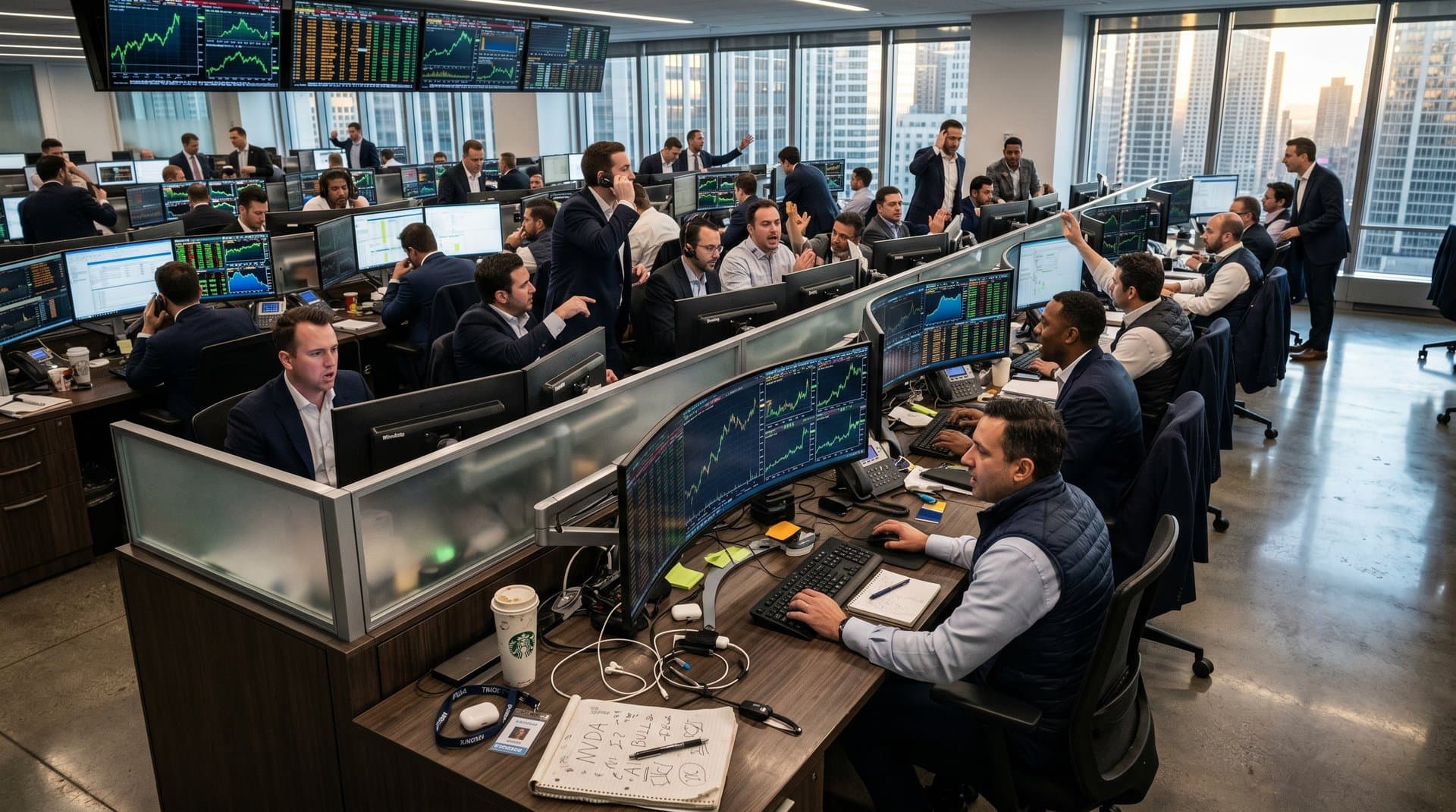 High-tech trading floor with screens showing AI stock charts for Nvidia, Palantir, Super Micro, and Vertiv, modern office skyline view (98 chars)