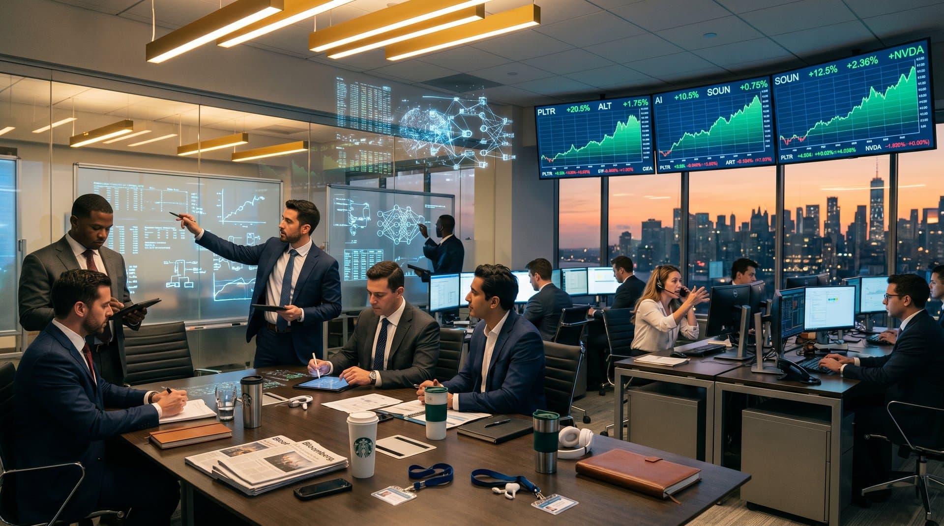 Stock charts of PLTR, AI, SOUN outperforming NVDA on trading screens with analysts discussing in fintech office