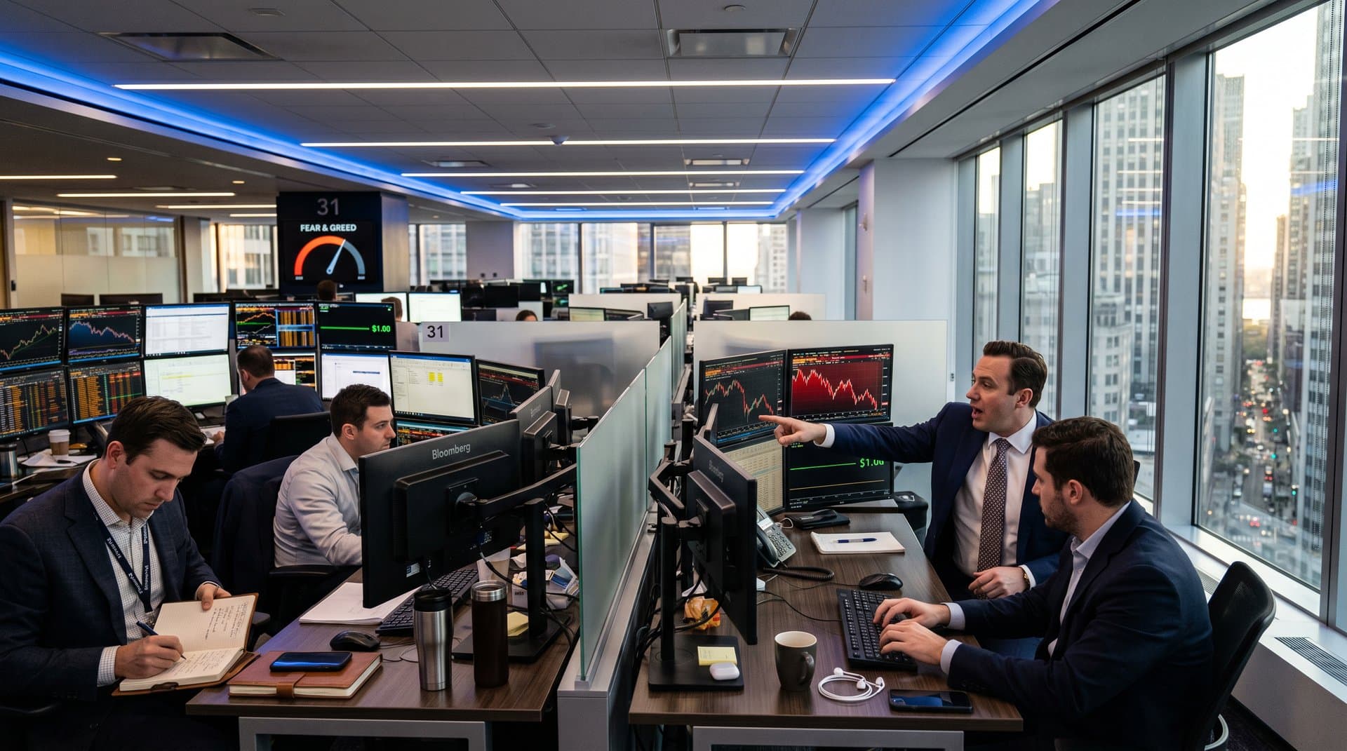 Trading desks with Bloomberg screens showing Bitcoin dip, stable USDT peg, and Fear Index at 31 in fintech office