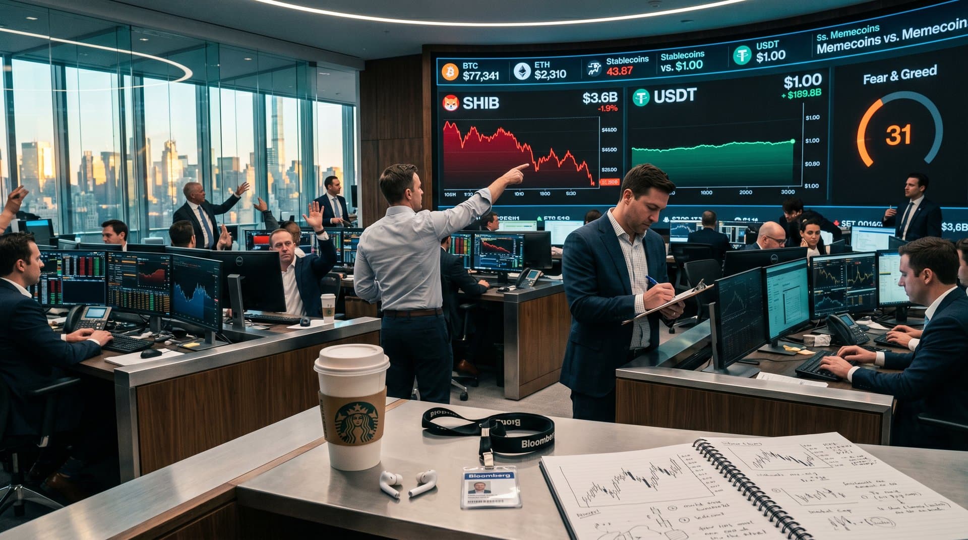 Trading floor screens display USDT stability, SHIB volatility, and Fear & Greed Index at 31 against city skyline