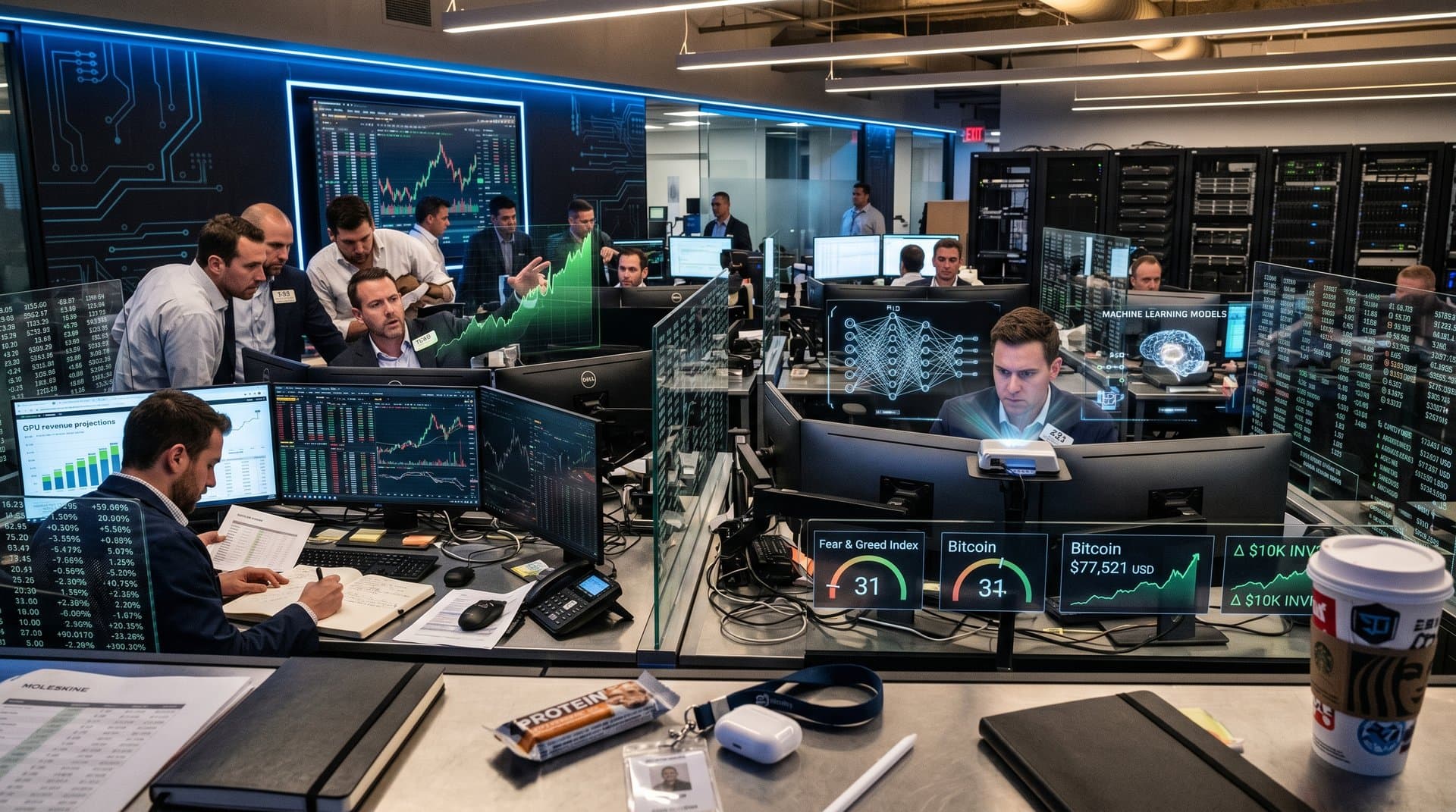 Holographic Nvidia AI charts, stock tickers, and market fear index on high-tech trading desk