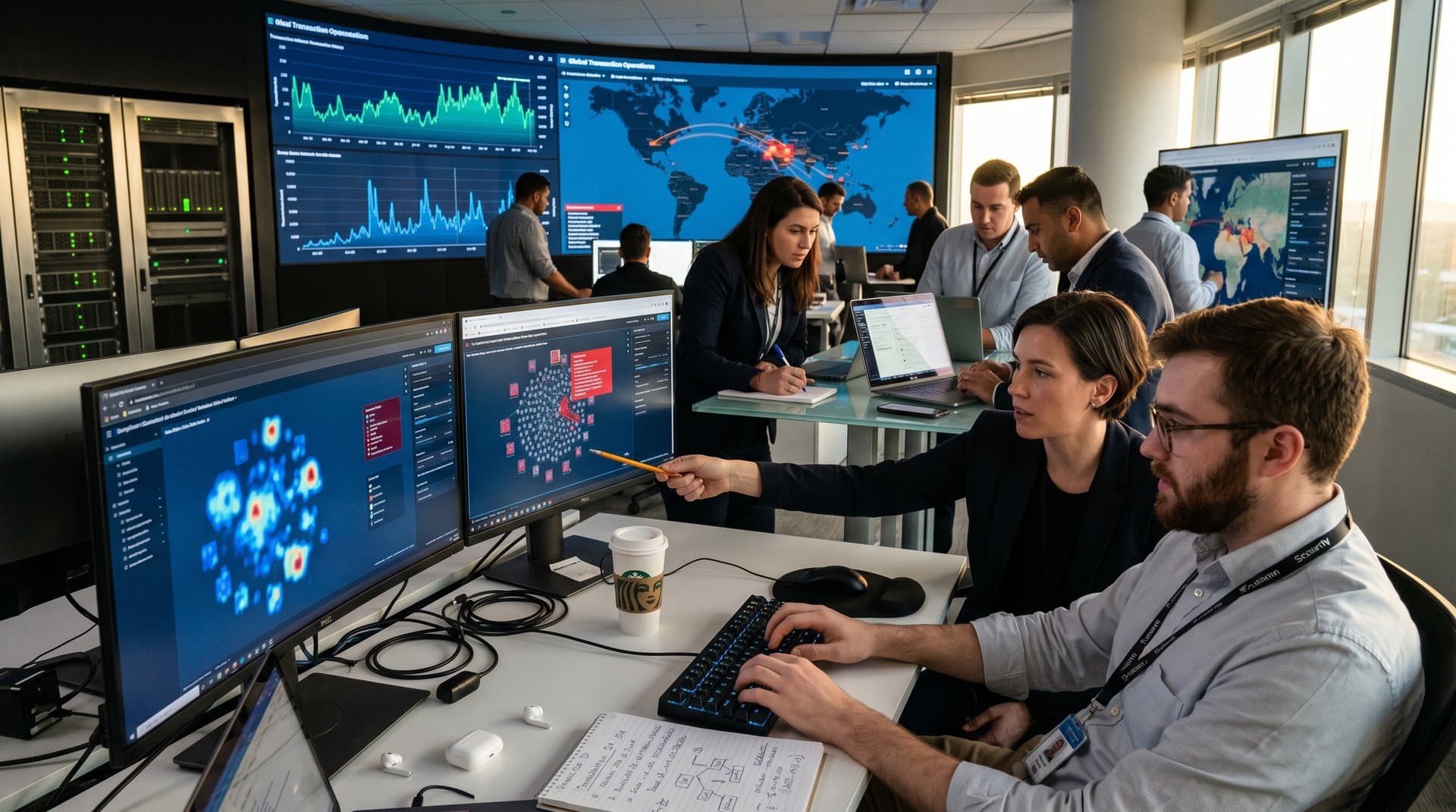 High-tech operations center with screens showing blockchain tracking, sanction maps, and transaction analytics for crypto compliance