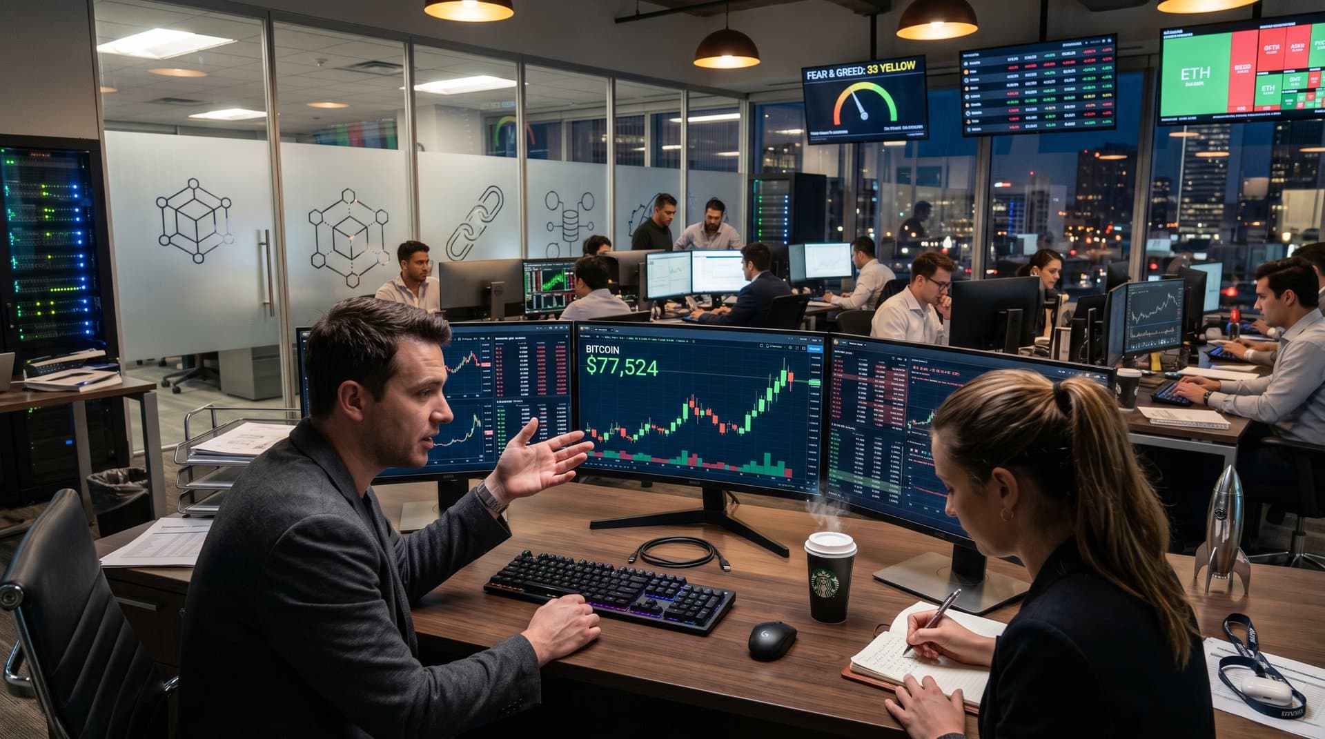 Trading desk with monitors showing crypto charts, Bitcoin at $77k, Fear & Greed Index at 33, server racks and market feeds in modern financial room