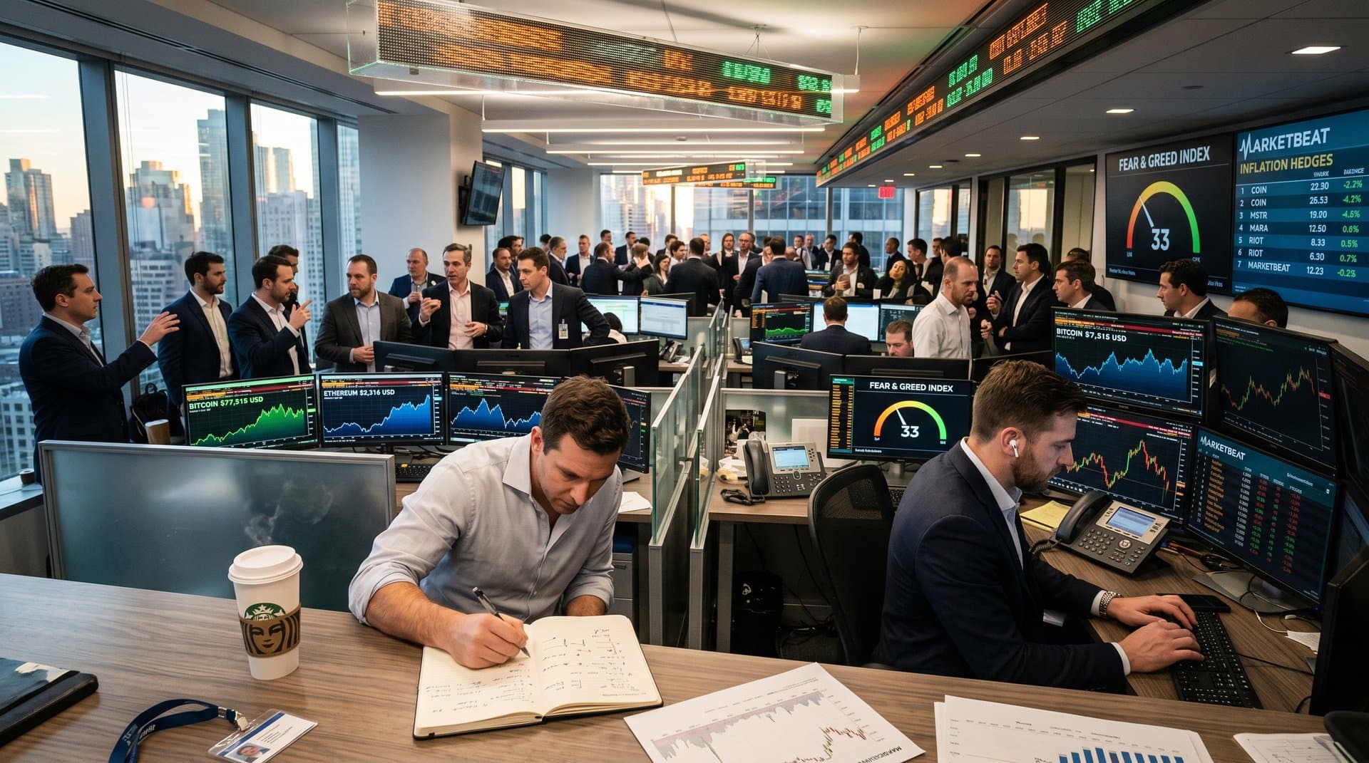 Trading terminals with crypto stocks charts, Bitcoin at $77k, Fear & Greed at 33, MarketBeat picks on modern floor screens