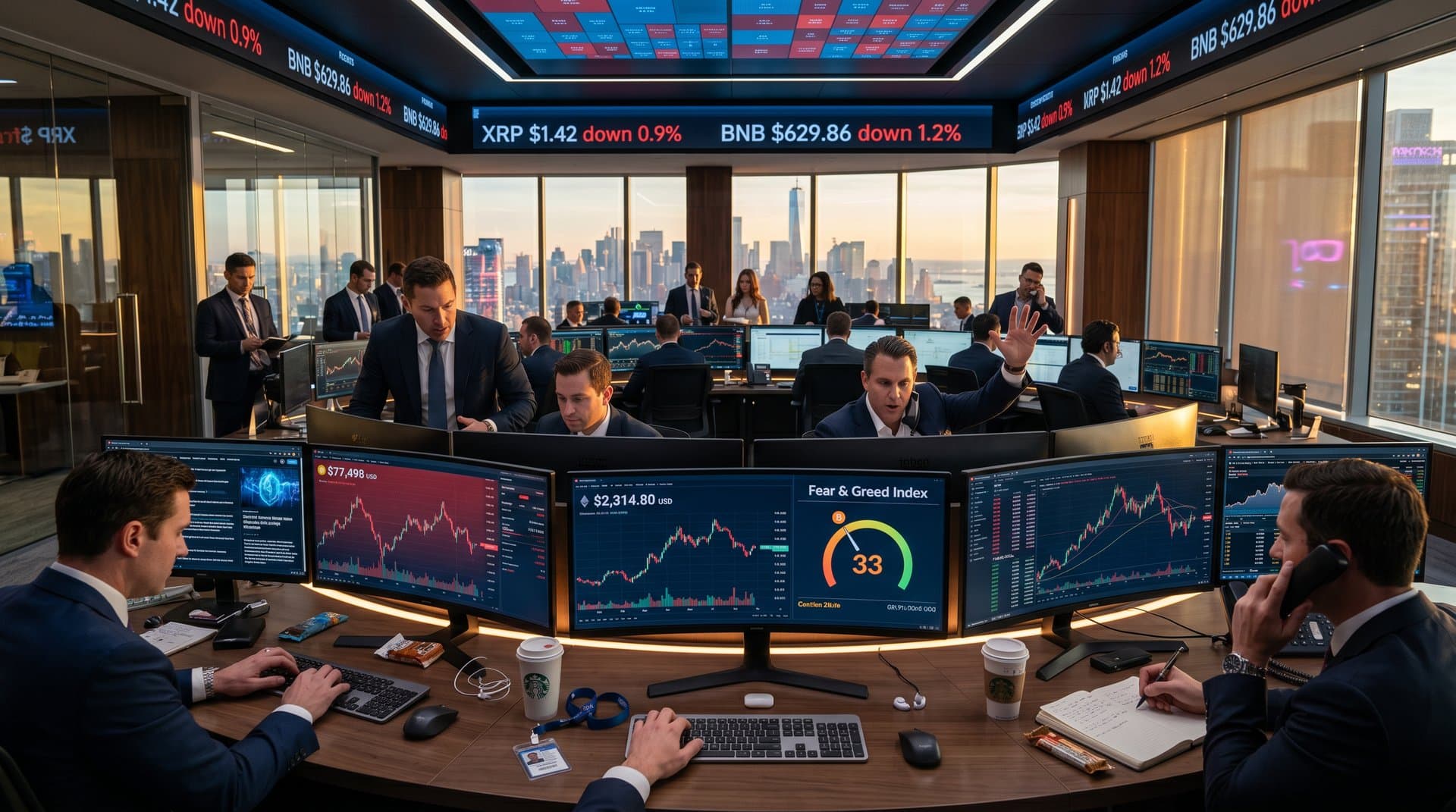 Trading screens show Bitcoin at $77K, Fear & Greed 33, and MarketBeat promising cryptocurrency stocks amid fearful markets