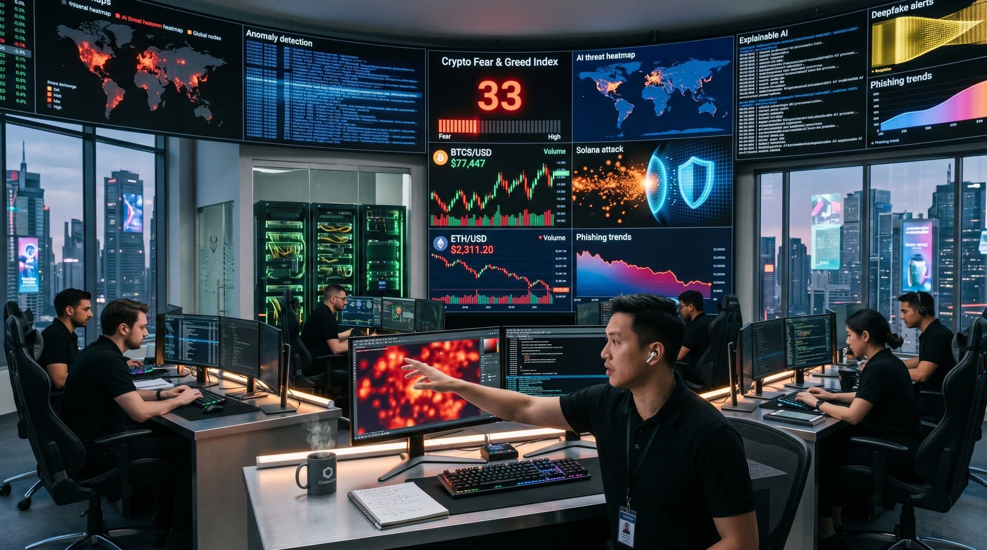 Abstract view of cybersecurity center screens showing AI threat maps, crypto prices, and network simulations in a modern tech environment
