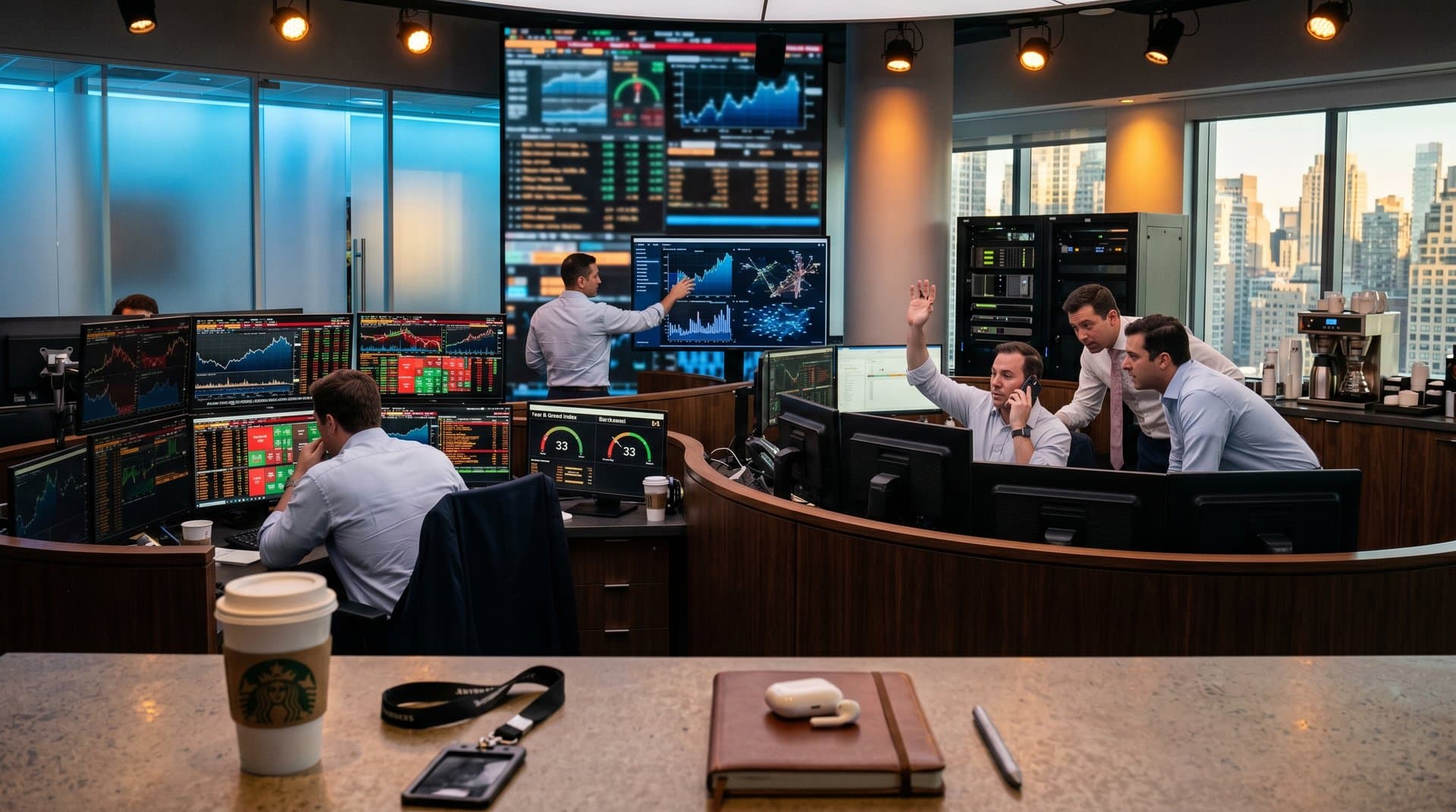Trading desk with PLTR AI stock charts, Nasdaq data, crypto prices, Fear & Greed 33 on monitors in high-tech Wall Street environment