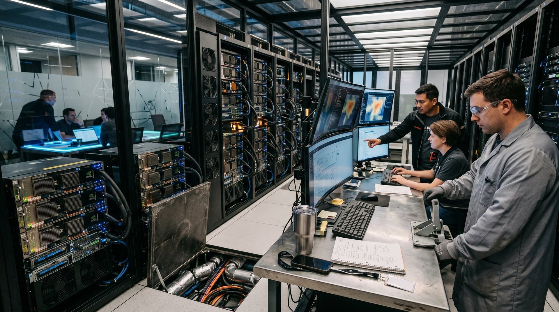 Technicians and engineers monitor AI cybersecurity racks and dashboards in a busy Tier IV data center with raised floors and glowing servers