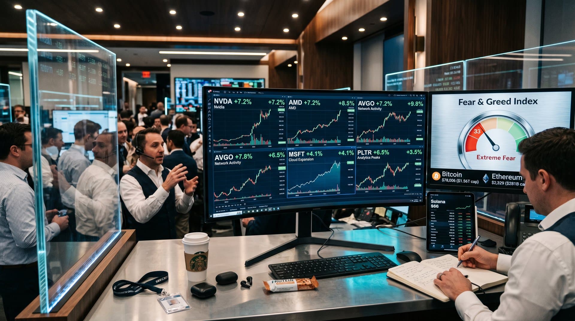 Dashboard showing 5 best AI stock charts, Fear & Greed at 33, Bitcoin at $78,006 in neon trading interface