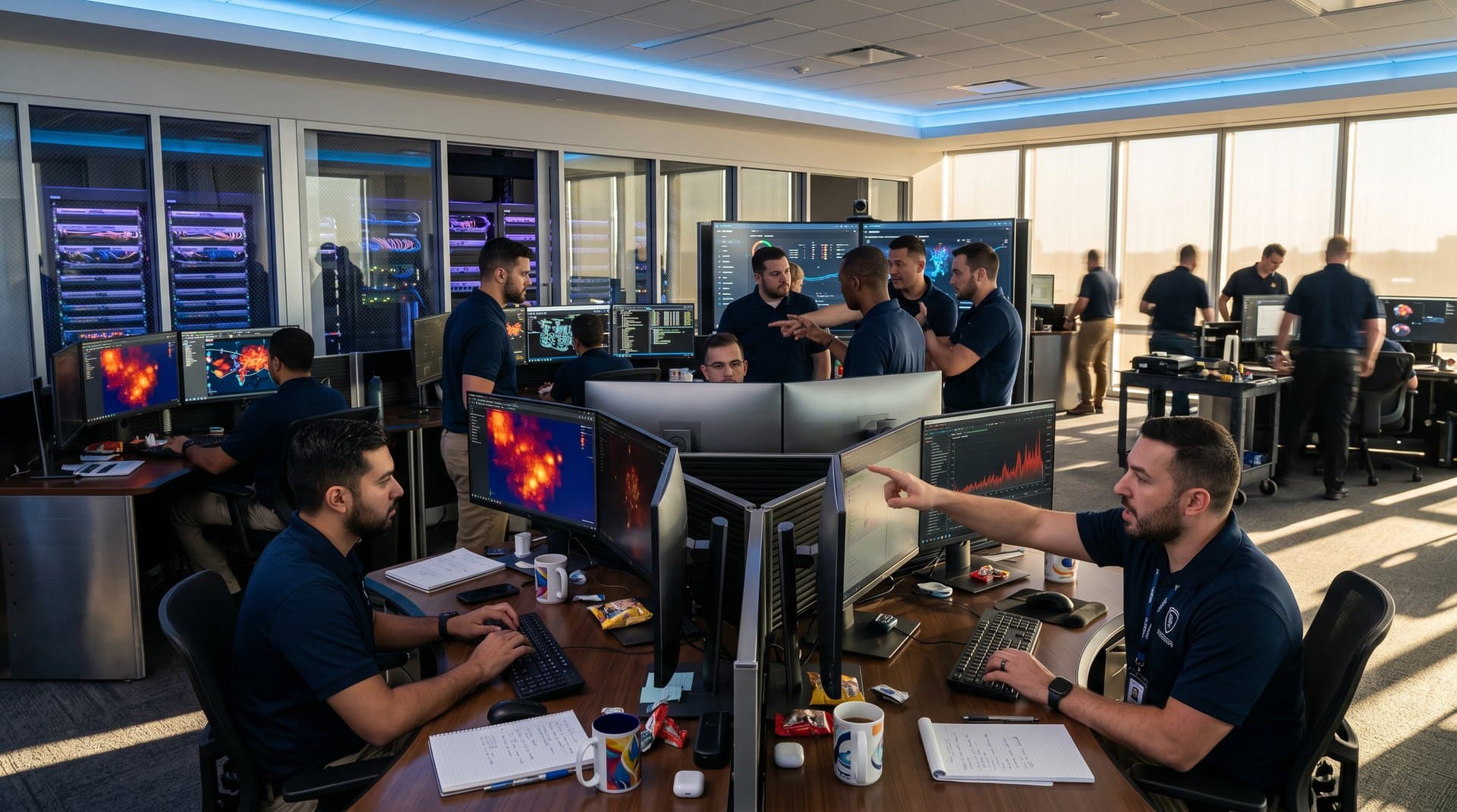 Cybersecurity team analyzes AI threat dashboards on video walls in high-tech operations center with server racks and city view