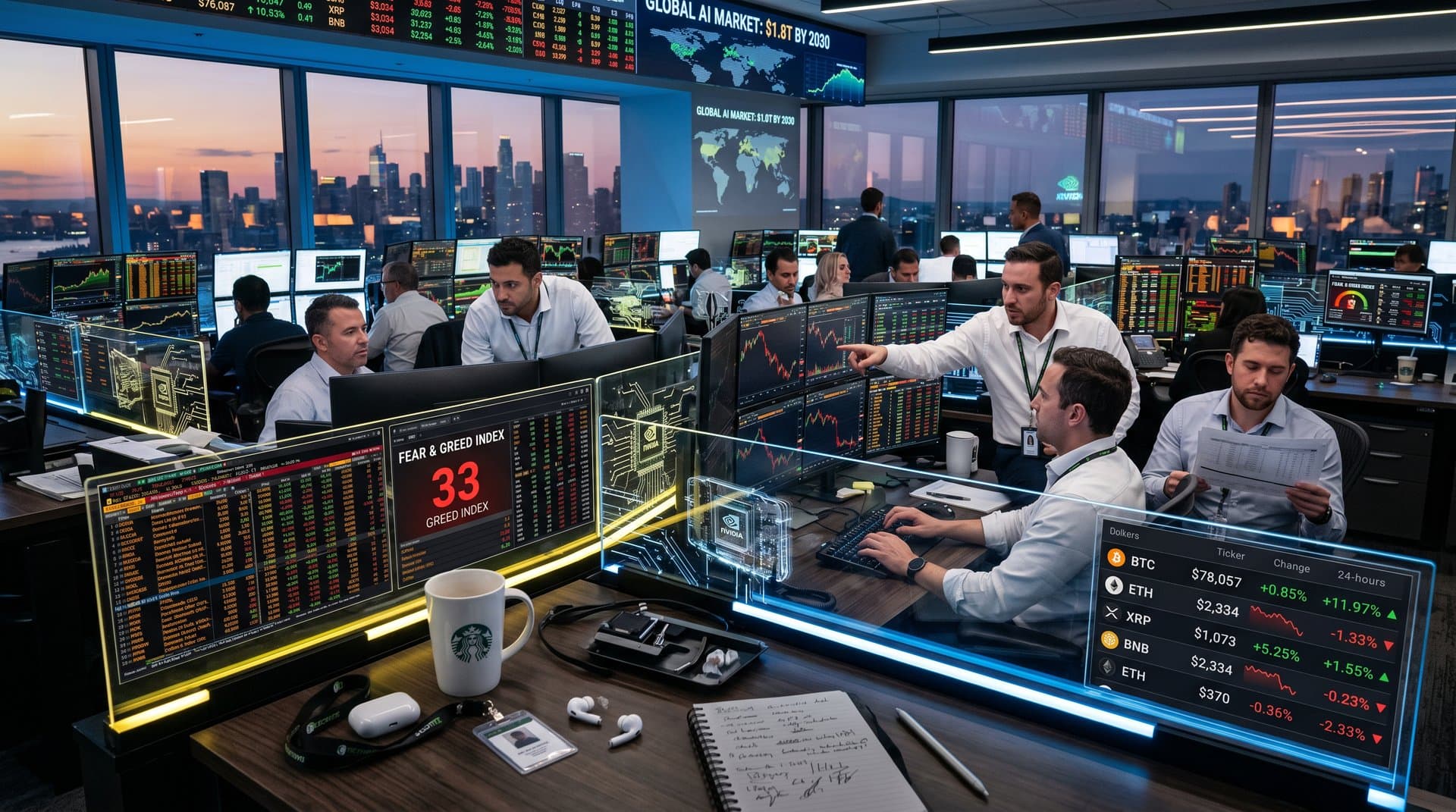 Trading floor terminals showing Nvidia AI stock, Bitcoin prices, Fear & Greed Index at 33, and crypto charts amid market volatility