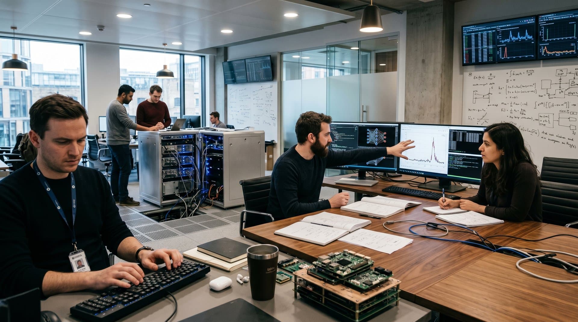AI engineers at Google DeepMind lab desks with multi-monitors showing neural nets, servers, and collaborative whiteboards in modern space