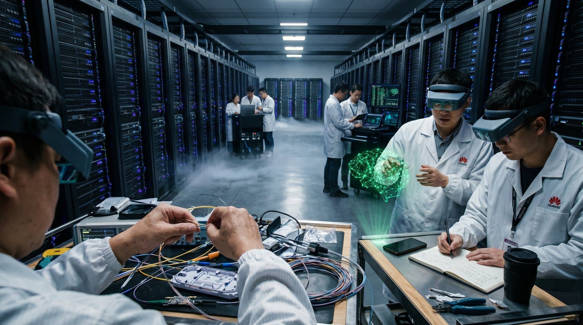 Huawei Ascend AI servers in high-tech lab with neural network visuals and benchmark charts on monitors