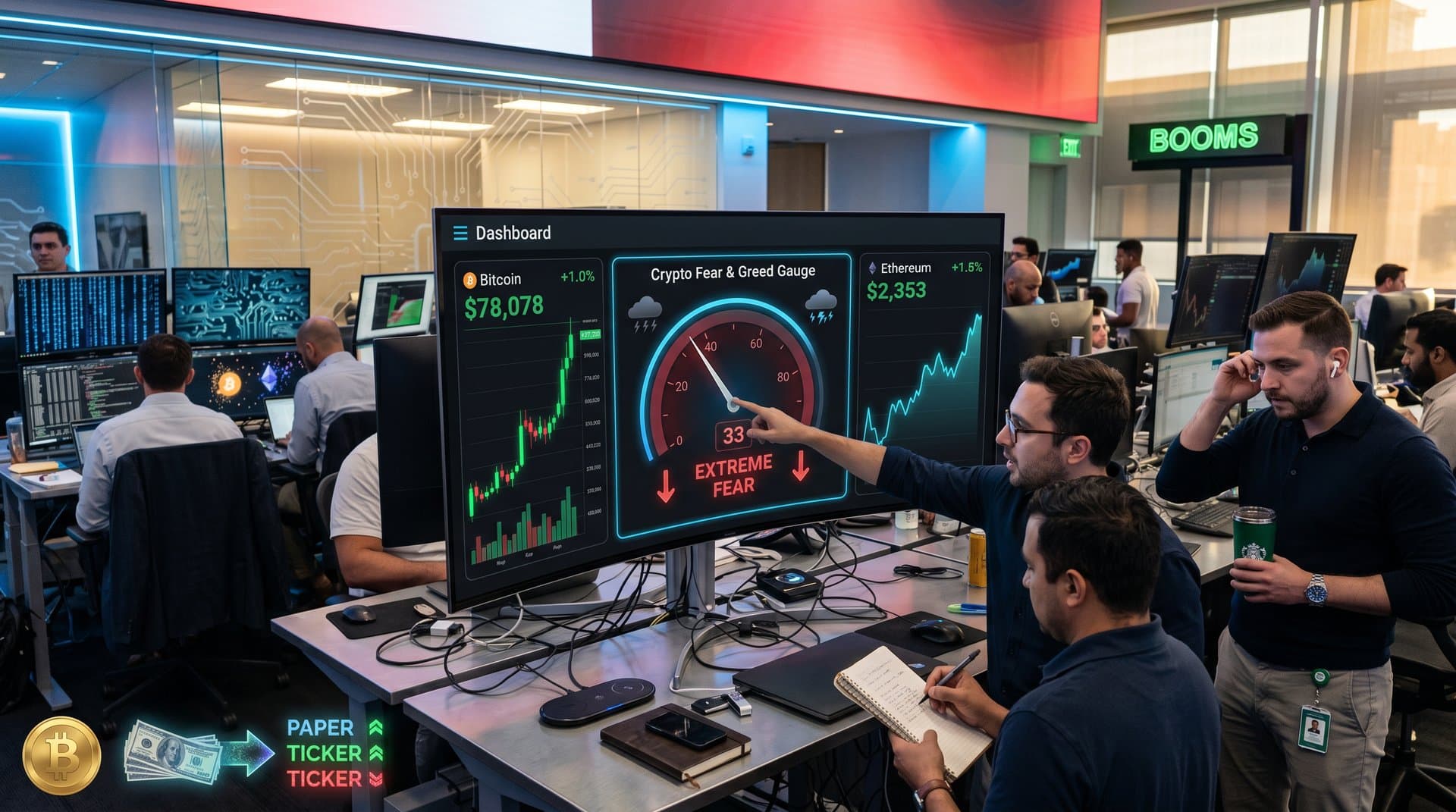 Digital dashboard with Fear & Greed at 33, crypto charts, AI gadgets icons signaling tech investment optimism