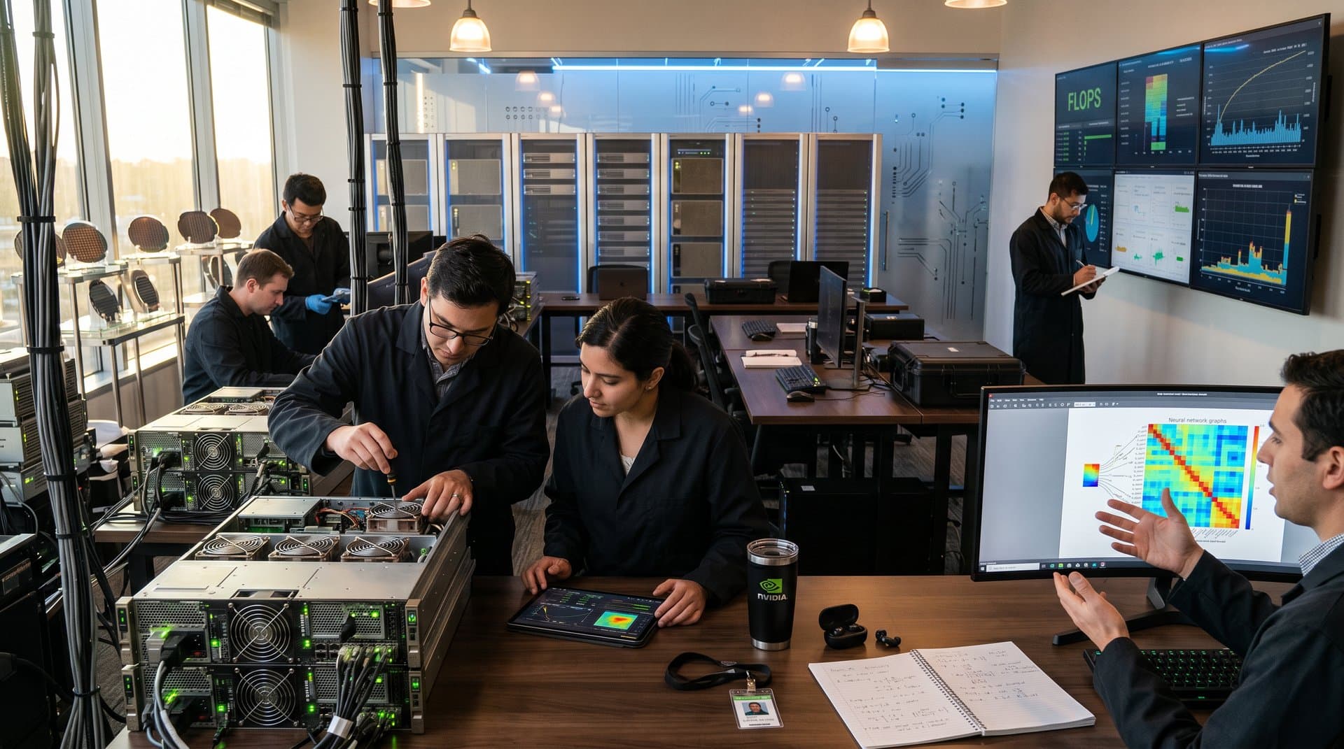 High-tech AI lab with glowing DGX servers, GPU racks, neural network monitors, circuit-etched glass walls, and data visualization displays