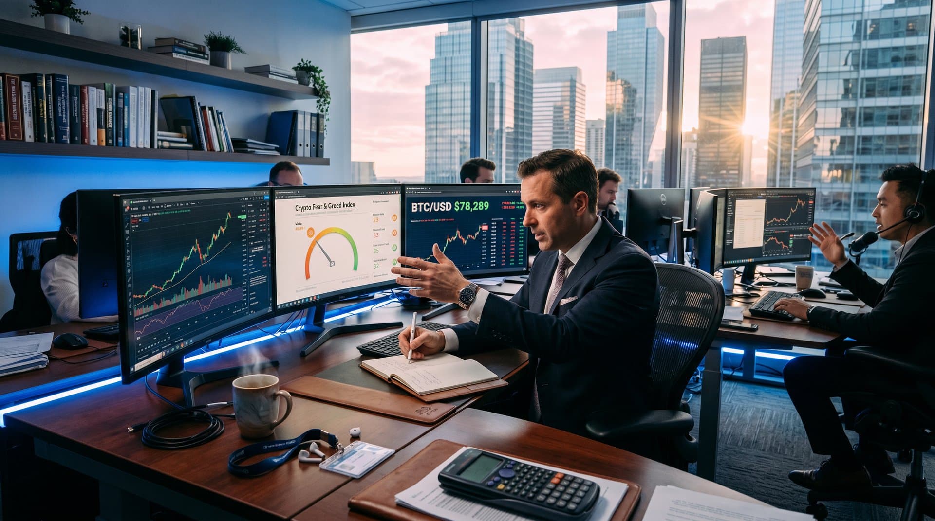 Trading desk with Nvidia AI stock charts, Fear & Greed Index at 33, Bitcoin price at $78K volatility