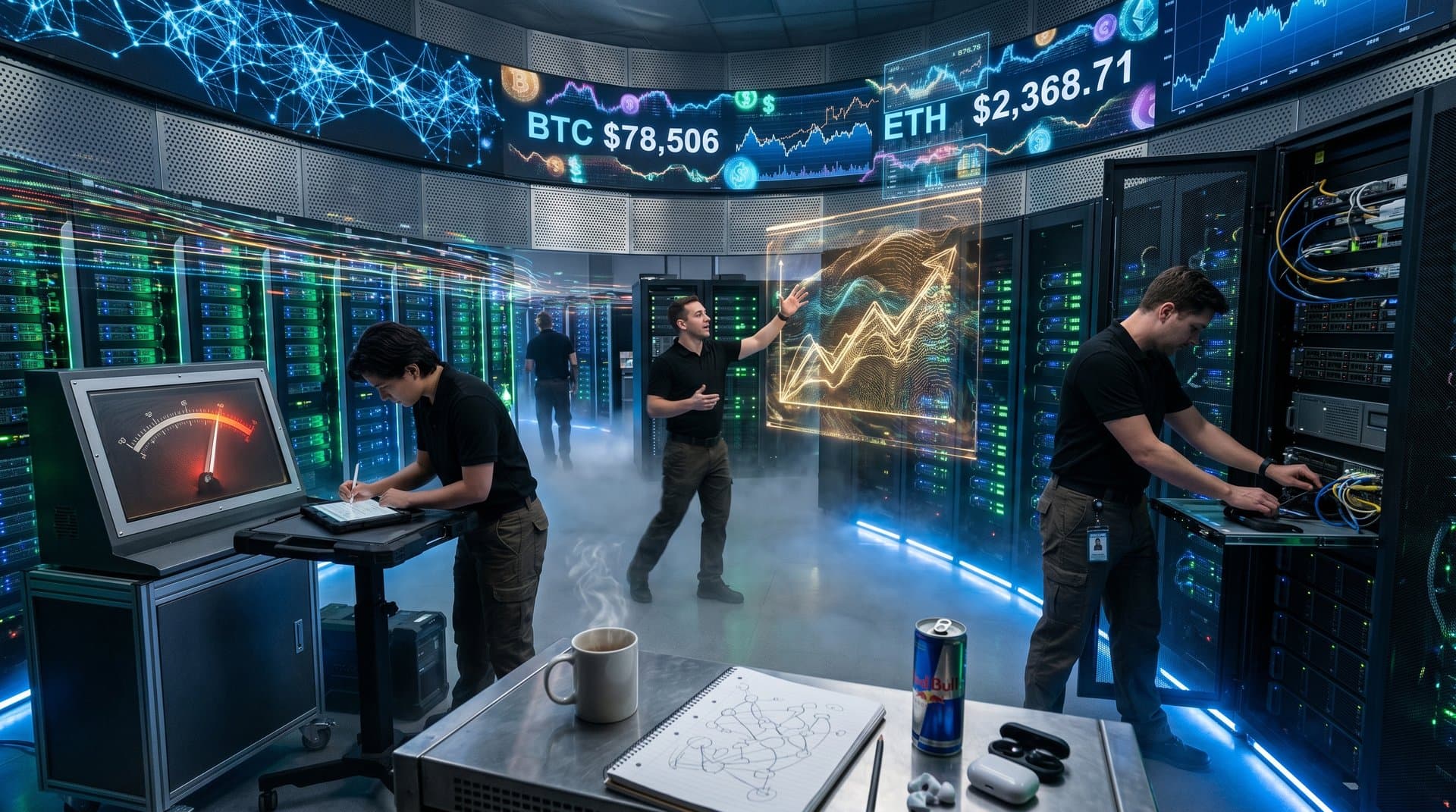 Glowing Nvidia GPU server racks in data center with rising stock charts and AI neural patterns