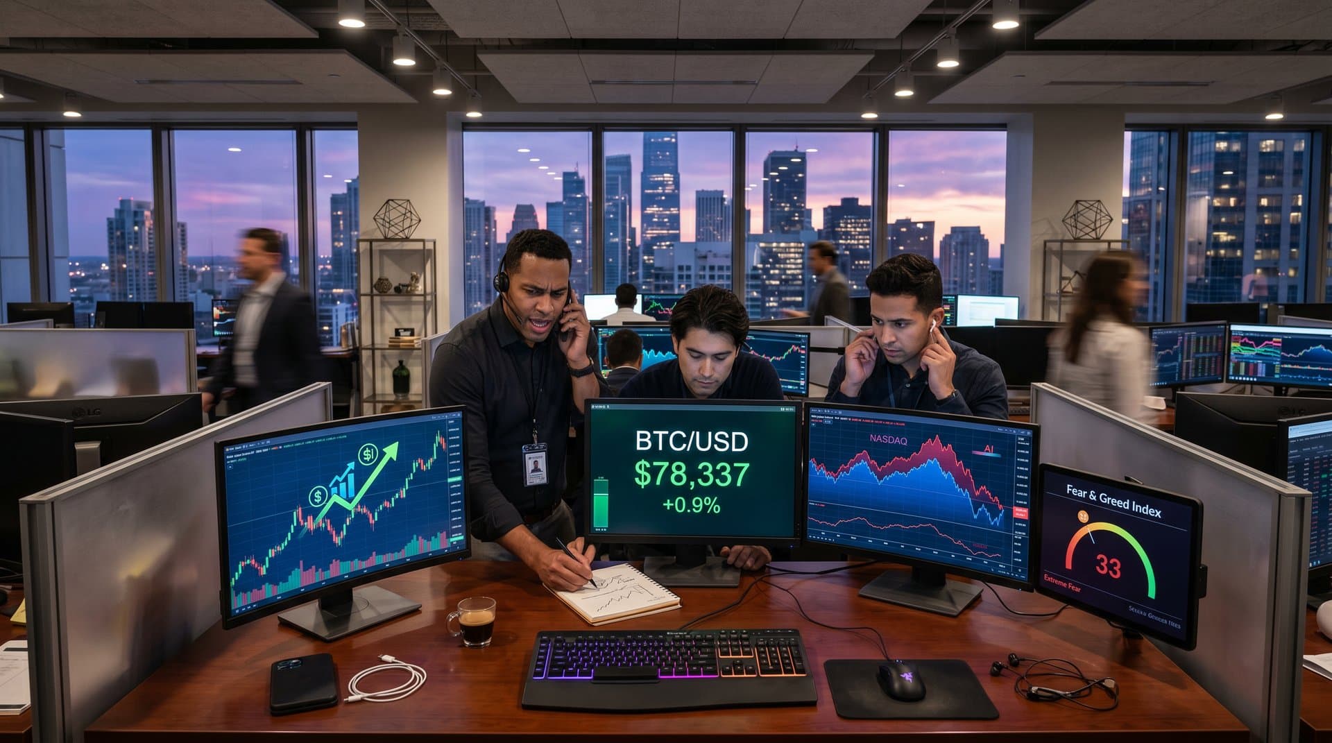 Screens display Motley Fool AI stock data, BTC at $78,337, Fear & Greed at 33, volatility charts on trading desk