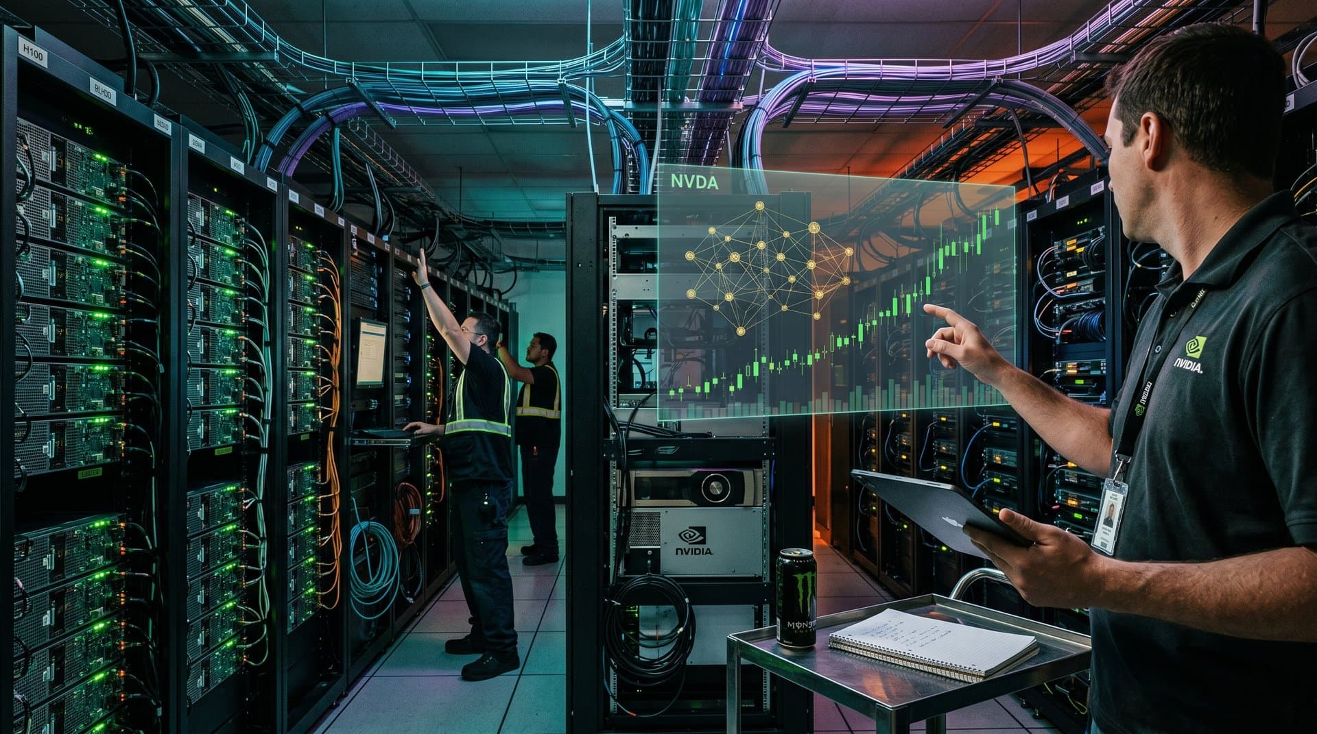 Nvidia GPUs powering AI in glowing data center with stock chart and neural networks