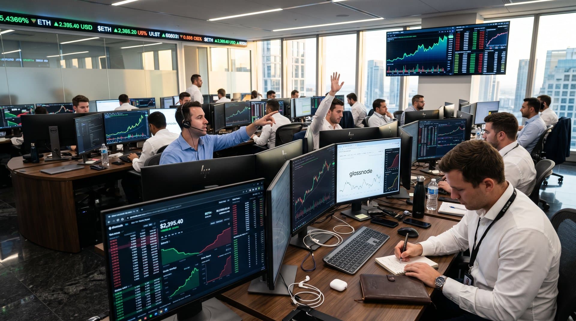 Modern trading floor monitors display Ethereum price surge to $2,395 amid market data and charts
