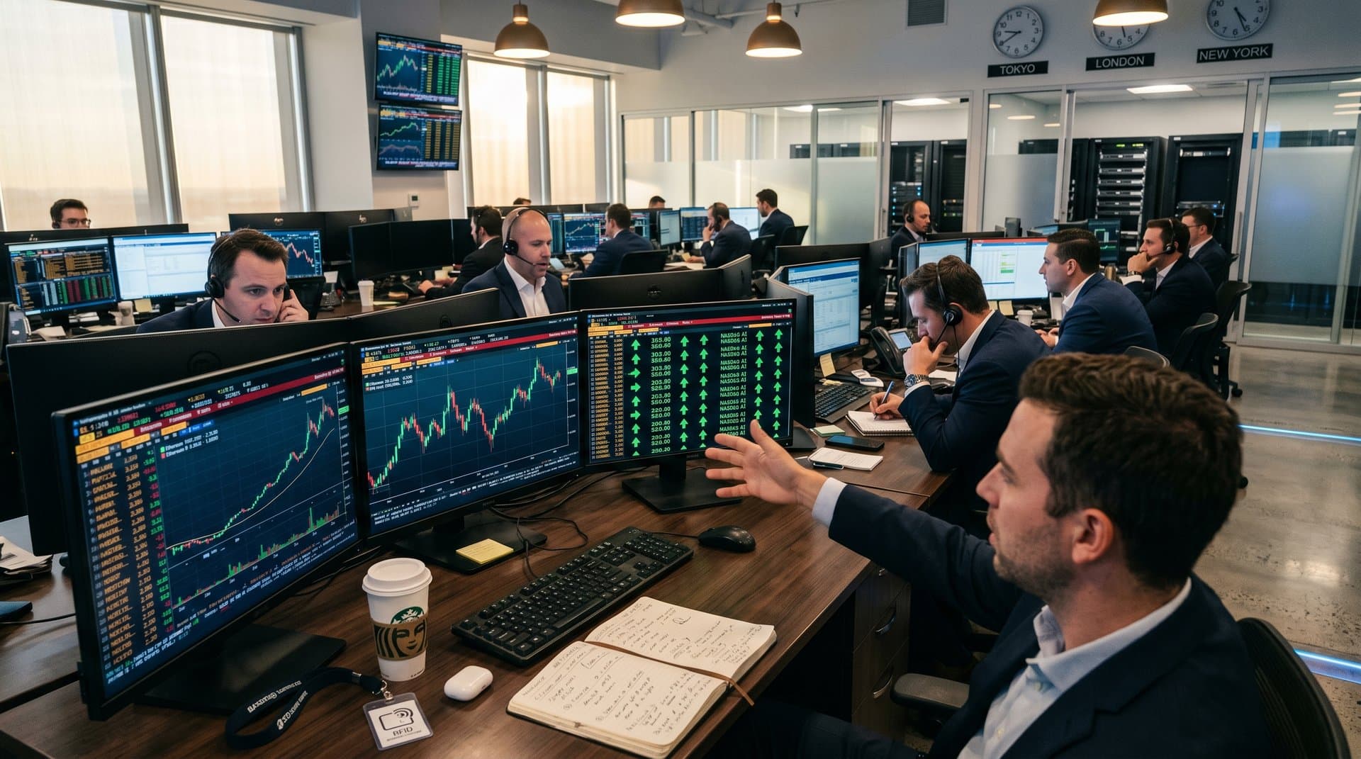 Trading floor with screens showing ETH at $2,389, Nasdaq AI surges, and DeFi data under modern lighting