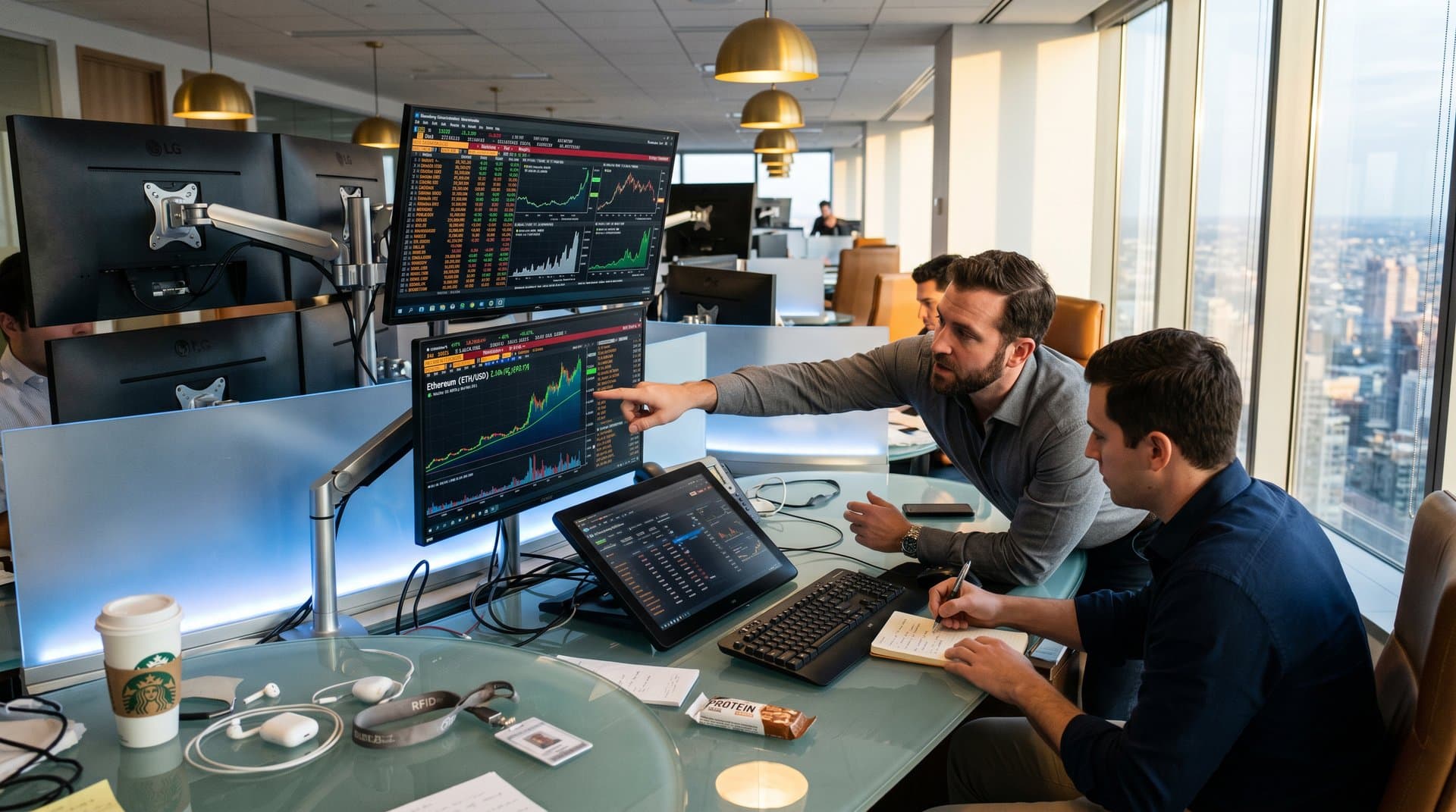 Trading desks with Bloomberg terminals showing Ethereum price surge and ETF data in modern finance environment