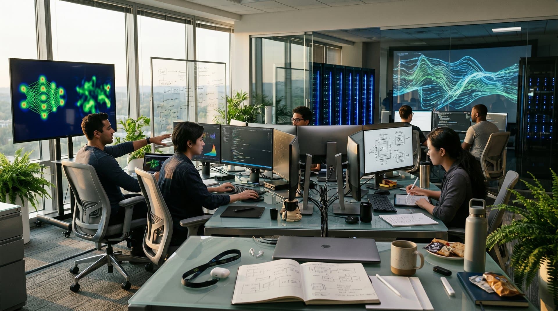 Engineers analyzing AI neural networks and GPU designs in a modern tech lab with server racks and multi-monitor setups