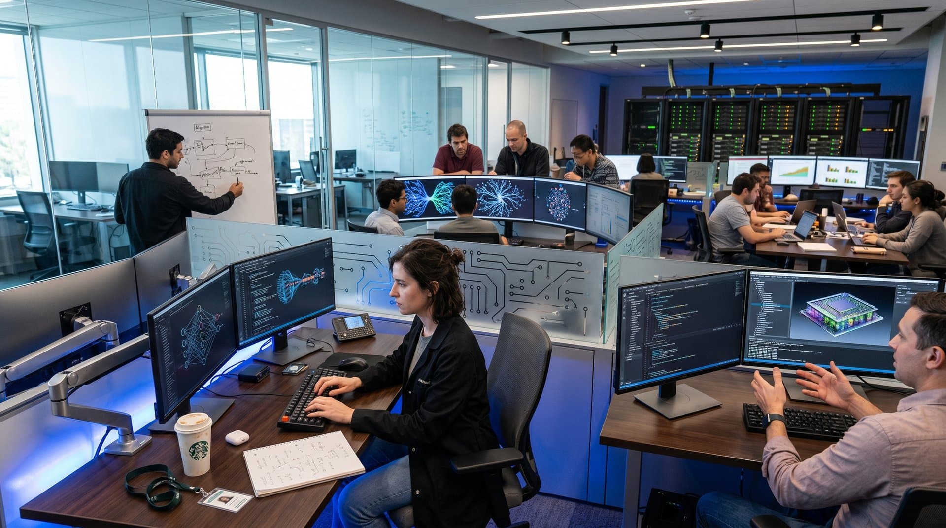 Futuristic AI lab with glowing neural networks on screens, server racks, and digital whiteboards in a high-tech environment