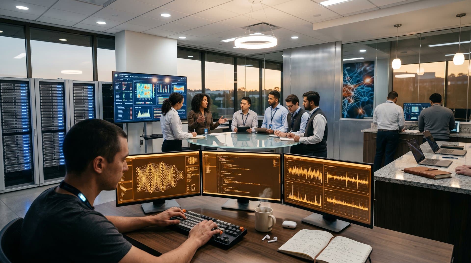 Team of AI engineers collaborates in modern lab over neural network dashboards, server racks, and performance metrics