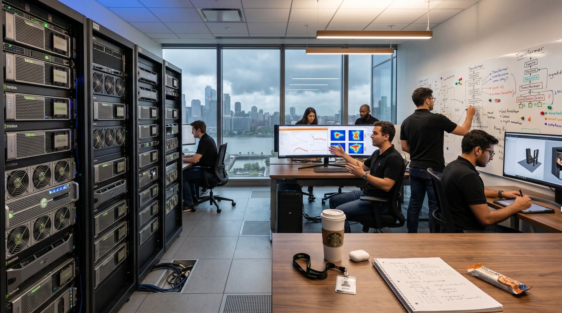 High-tech AI lab with GPU server racks, multi-monitor data visualizations, whiteboards of neural networks, and modern collaborative space overlooking city skyline