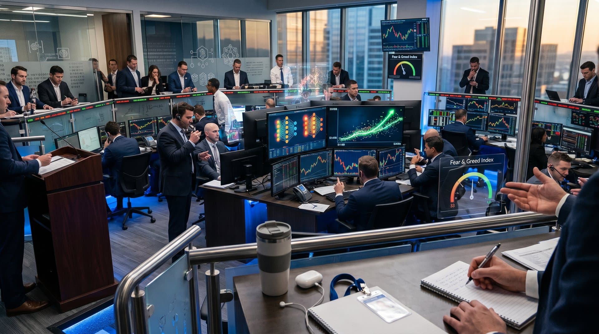 Multi-monitor trading desks displaying AI fintech charts, growth projections, and market indicators amid volatility