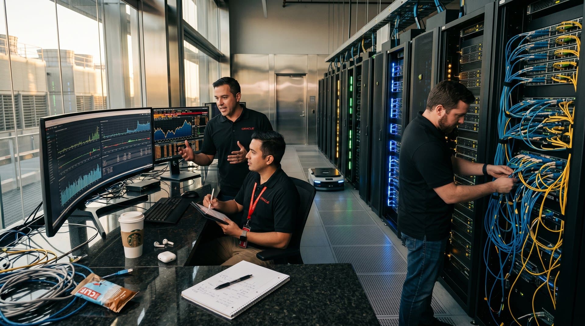 Engineer checks servers amid glowing GPU racks and technicians at monitors in Oracle Cloud data center