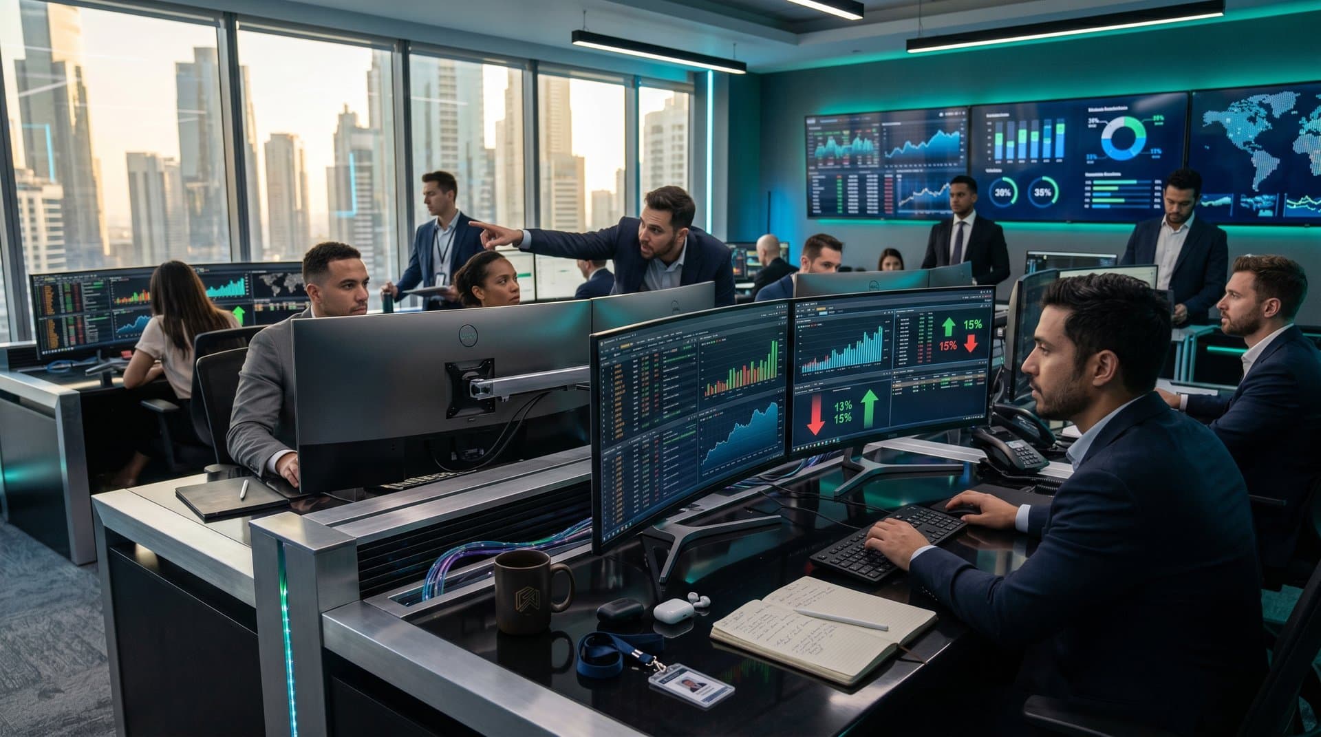 Fintech trading desks with screens showing Robinhood Q1 2026 earnings charts, Bitcoin at $76k, and Fear & Greed Index under modern office lighting