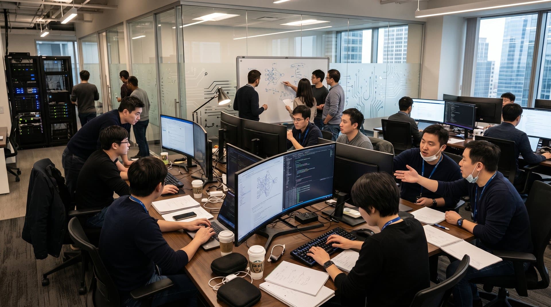 Abstract view of AI lab with neural networks on monitors, server racks, and data visualizations in high-tech environment