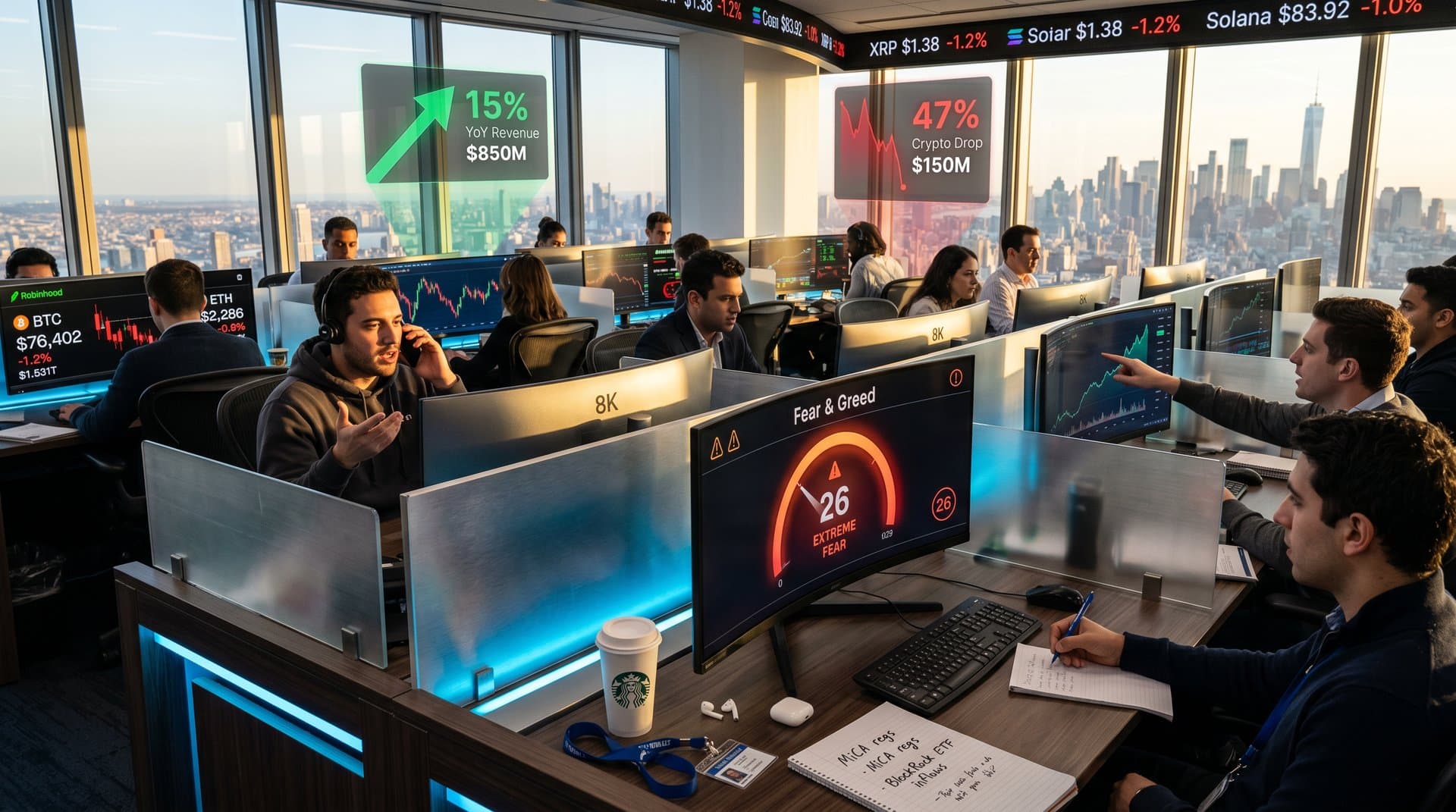 High-tech fintech trading floor with Robinhood app screens displaying Bitcoin at $76,402, Ethereum charts in red, Fear & Greed Index at 26, holographic revenue data, NYC skyline at dusk
