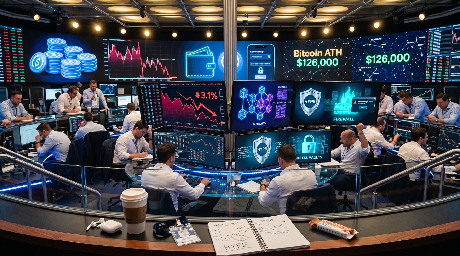 Abstract digital art of HYPE token dip amid secure DeFi blockchain network and cybersecurity shields