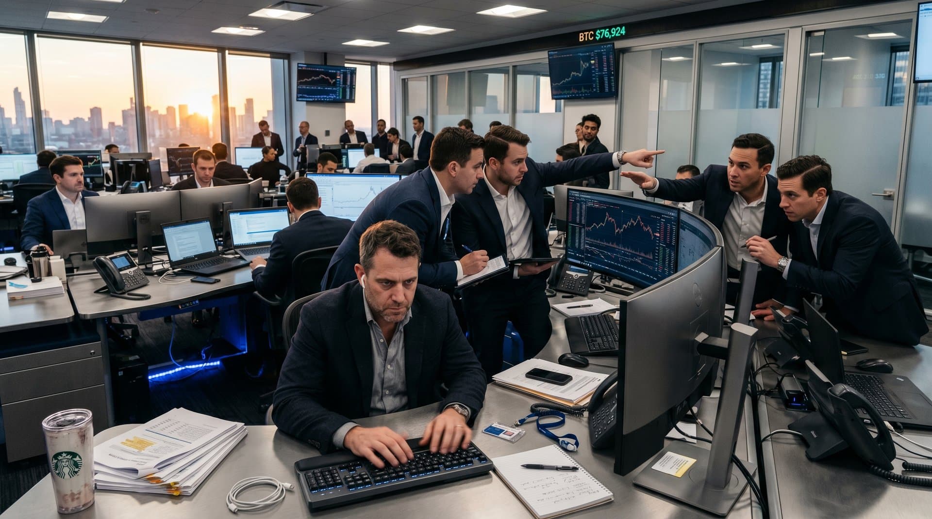 Trading floor analysts review crypto charts and Robinhood earnings data amid market fear