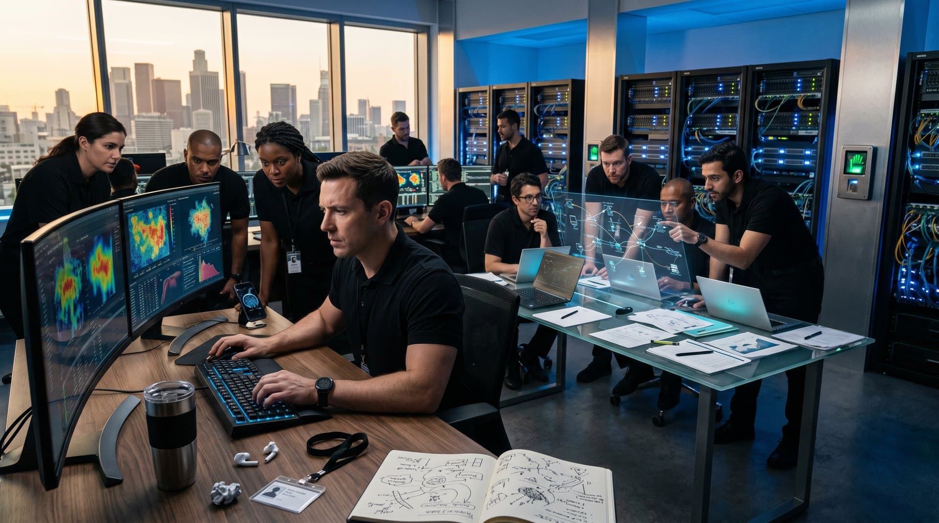 Cybersecurity team analyzes AI threat maps on multi-monitor setup in modern operations center with server racks and city view