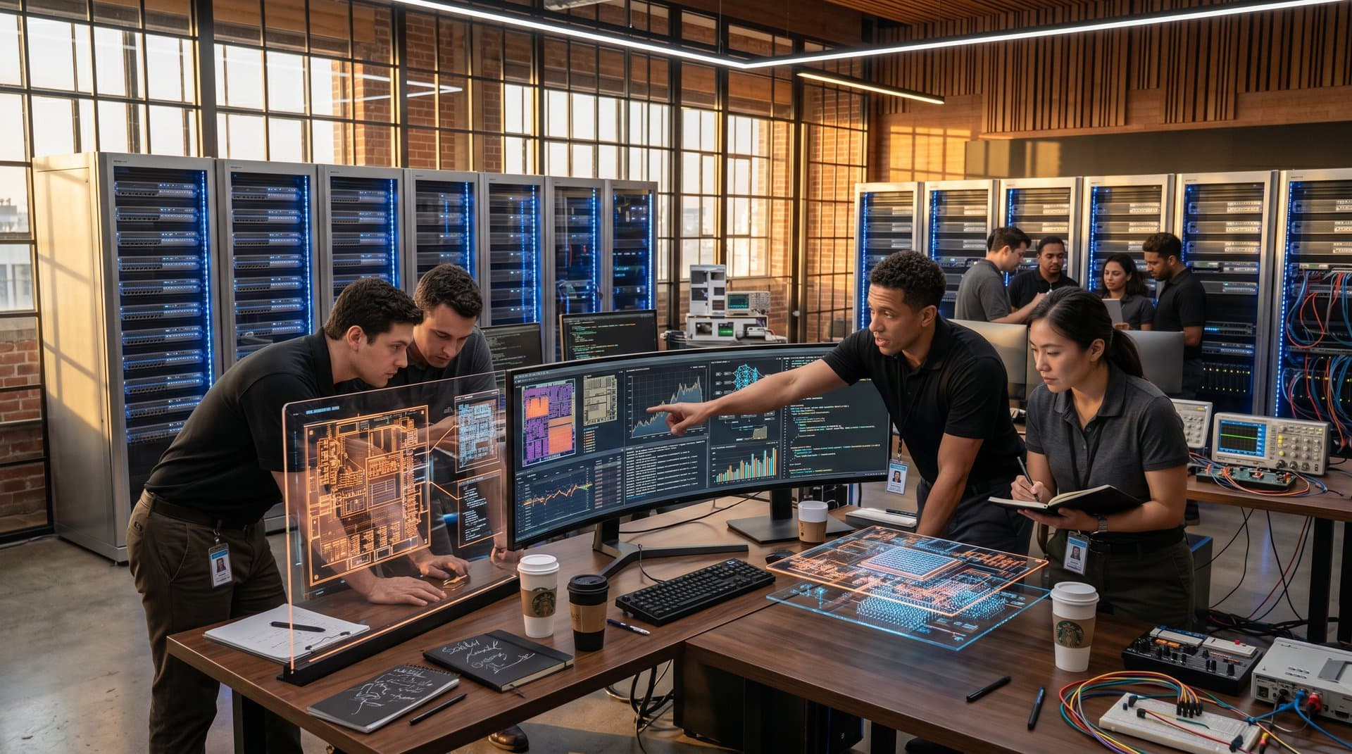 Futuristic tech lab with holographic AI chip designs, server racks, and collaborating engineers under dramatic lighting