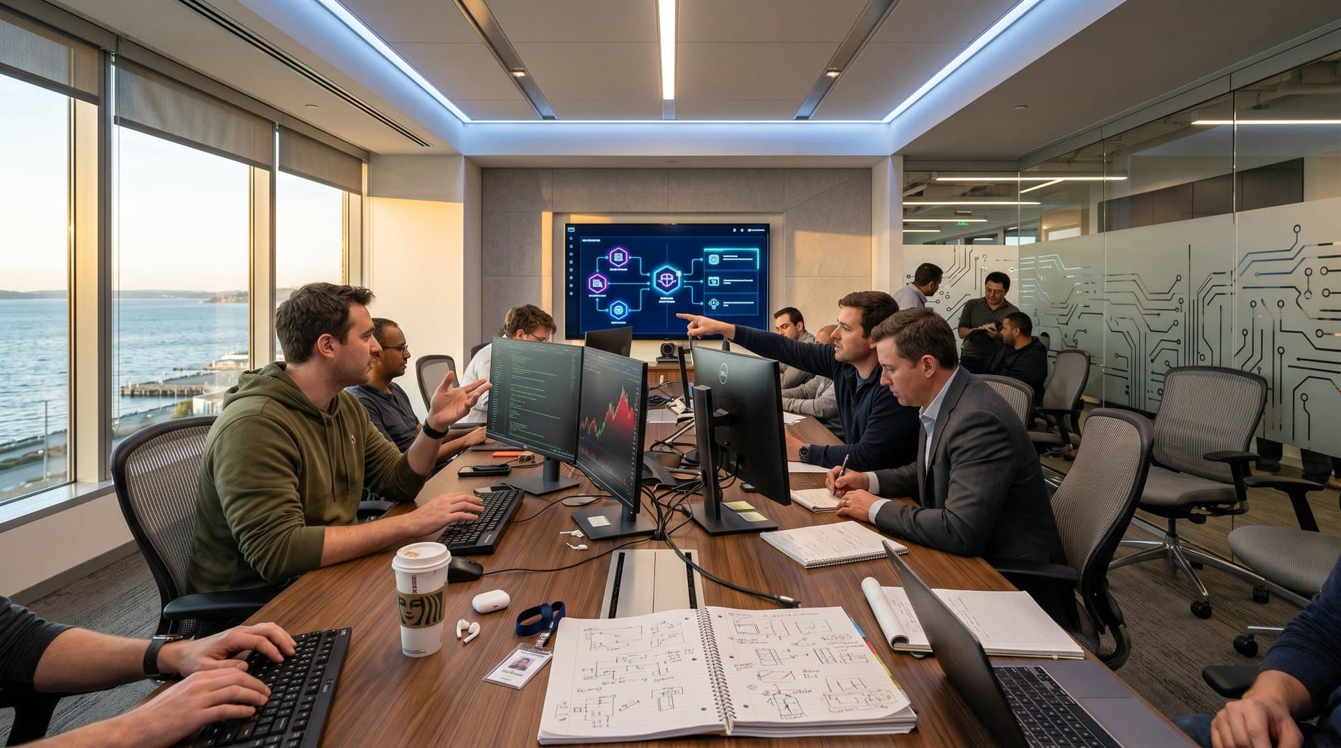 AI dashboards on screens in modern AWS briefing room overlooking Puget Sound with Bloomberg terminals and collaborative setup