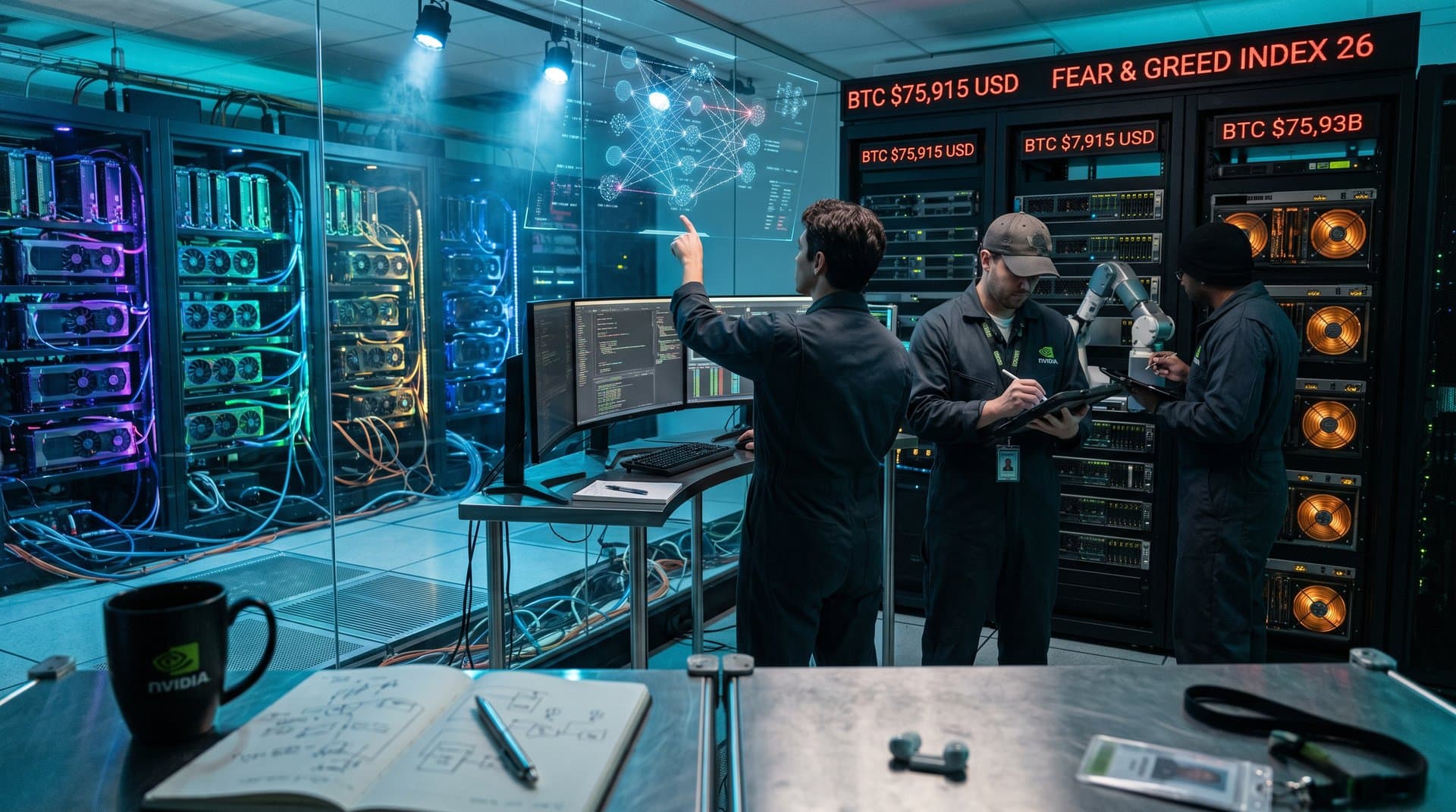 Glowing AI server racks with chips, neural network holograms, stock tickers, and Fear & Greed gauge in futuristic data center