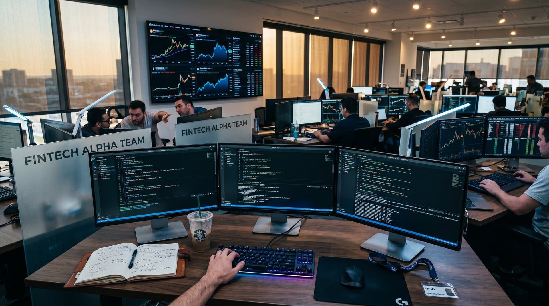 Developer workstation with Zed 1.0 on triple monitors amid fintech trading floor charts and gadgets