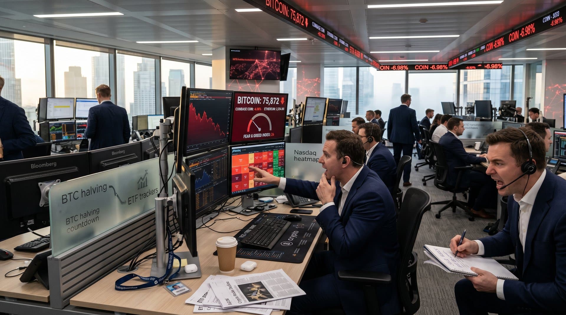 Trading floor with red Bitcoin and COIN charts on terminals amid market decline visuals