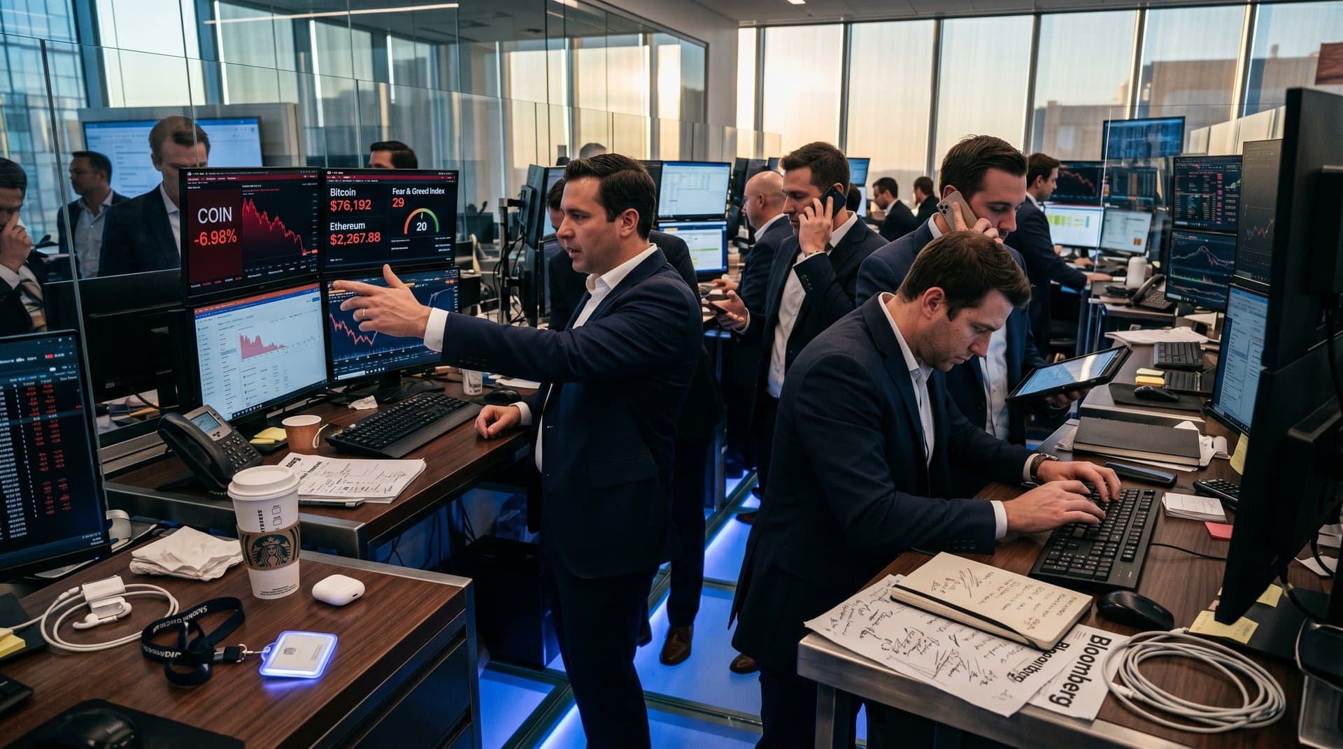 Trading screens show red crypto stocks decline charts for COIN, Bitcoin, and Fear & Greed Index at 29 in high-tech financial desk setup