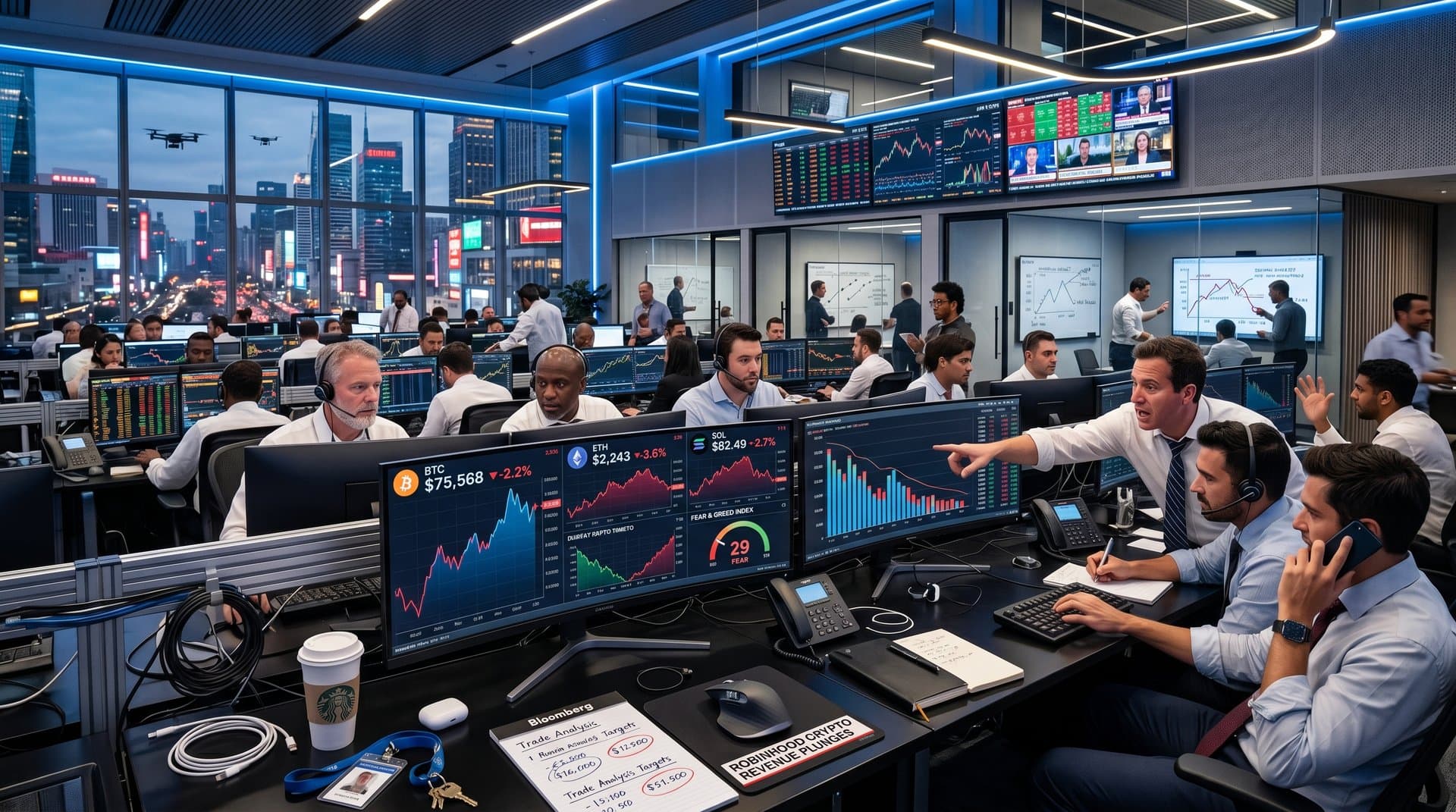 Modern trading floor with monitors showing declining crypto prices under LED lights