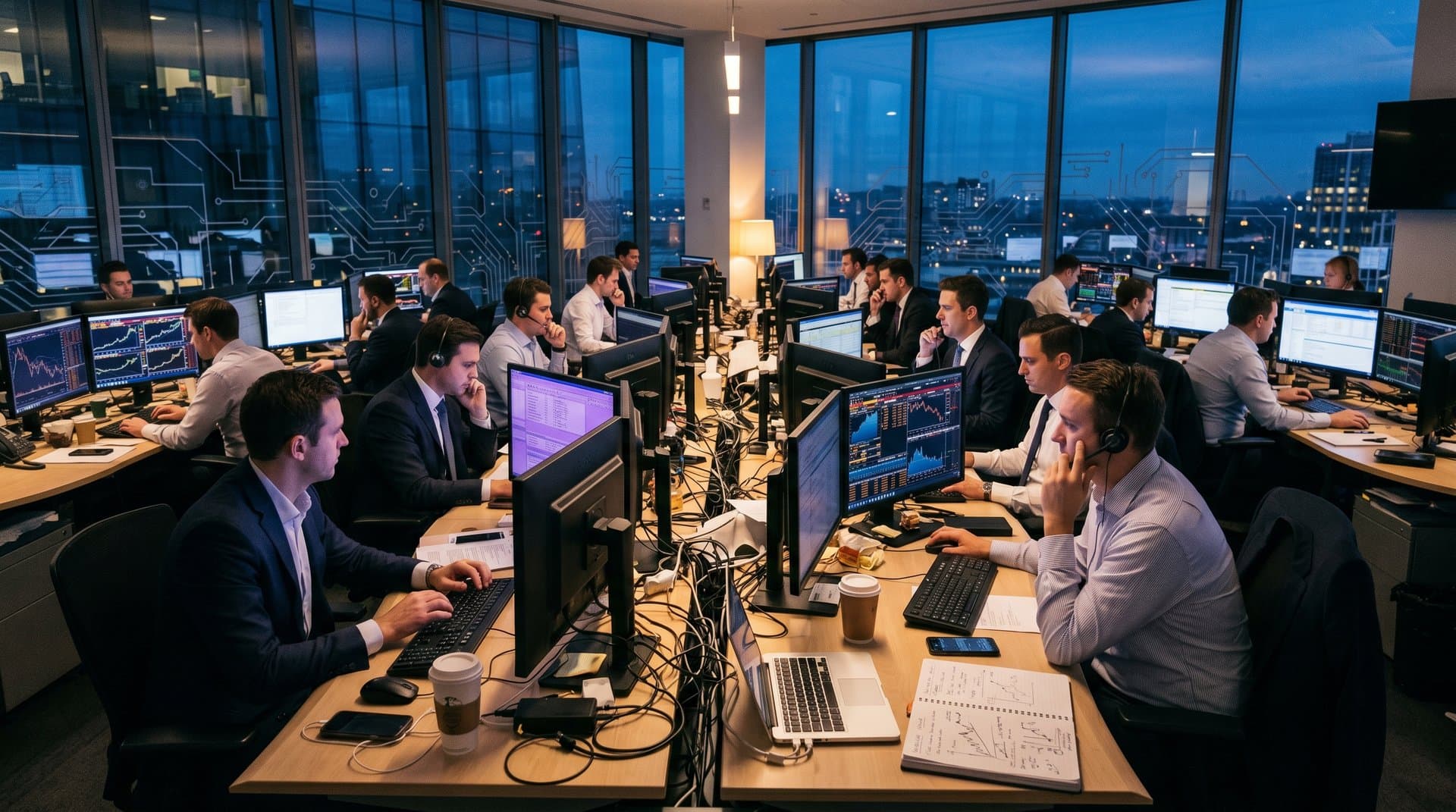 Modern trading floor screens showing Ethereum price at $2,265, Fear & Greed at 29, and DeFi metrics