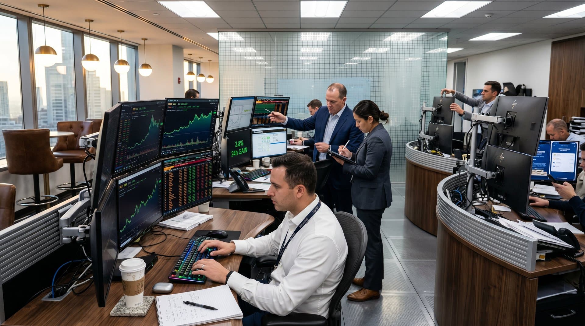 Traders at Goldman Sachs desks with Bloomberg terminals tracking Dogecoin at $0.11 amid multi-monitor setups and city view
